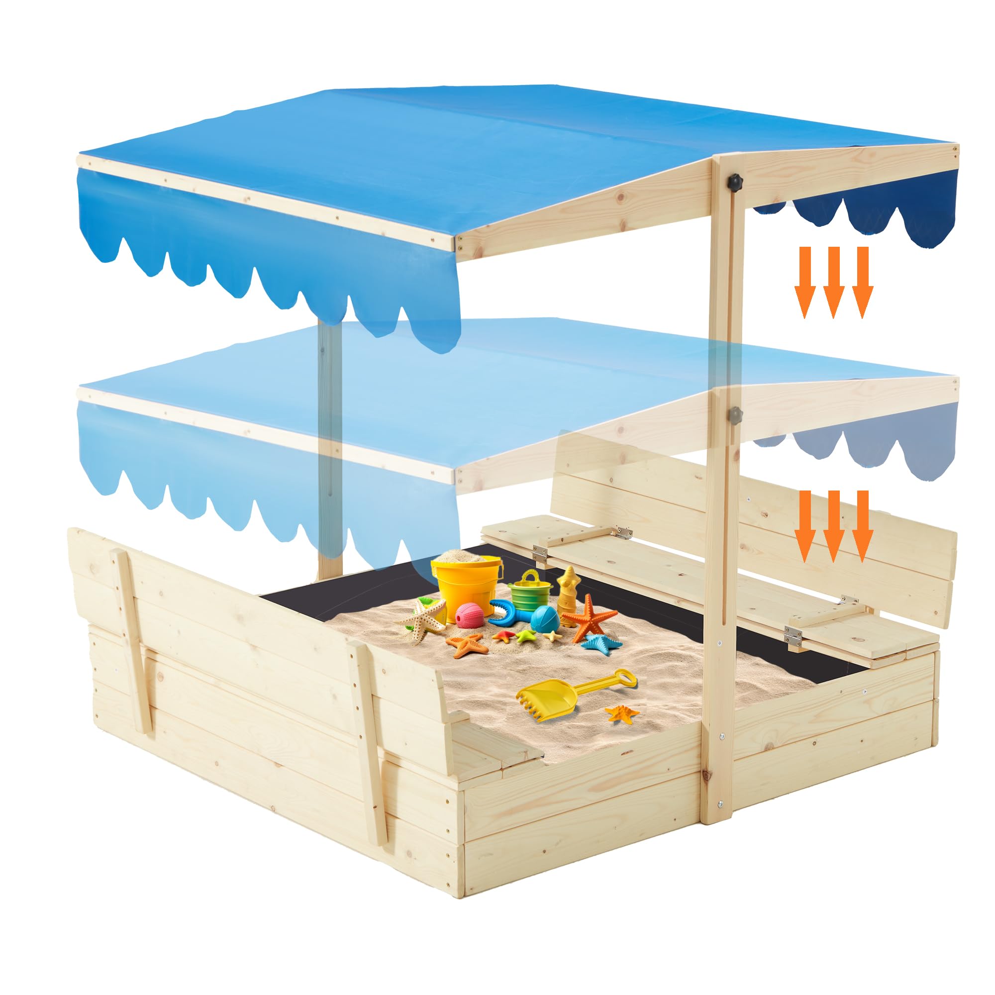 Wooden Sandbox with Canopy and Bench Seats