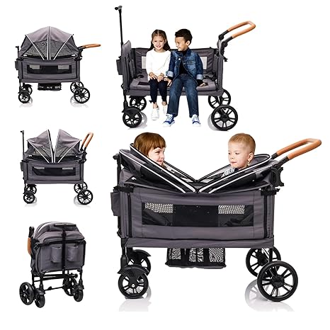 Wagon Stroller for 2 Kids & Cargo-Travel Stroller Push-Pull Double Wagon Lightweight