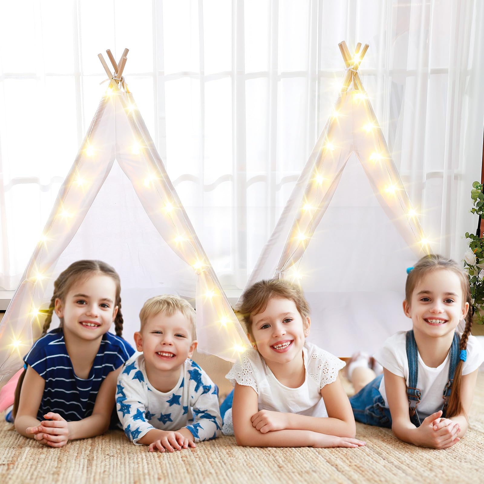 2 Pack Kids Teepee Tent with Mattress,Fitted Sheet,Light String