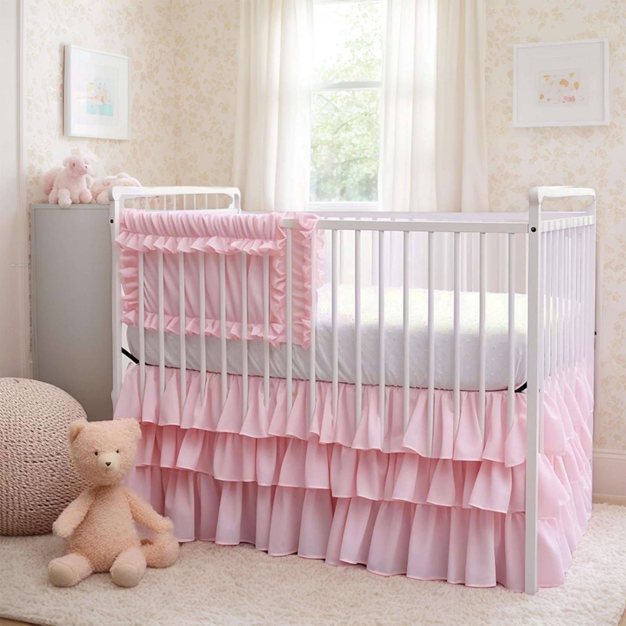 Ruffled Crib Bed Skirt: 3 Tiered Ruffled Crib Skirt Baby Girl Nursery Toddler Bedding Dust Ruffle, 17.7" Deep Drop- Fits Standard Cribs,28"x 52" (Pink)