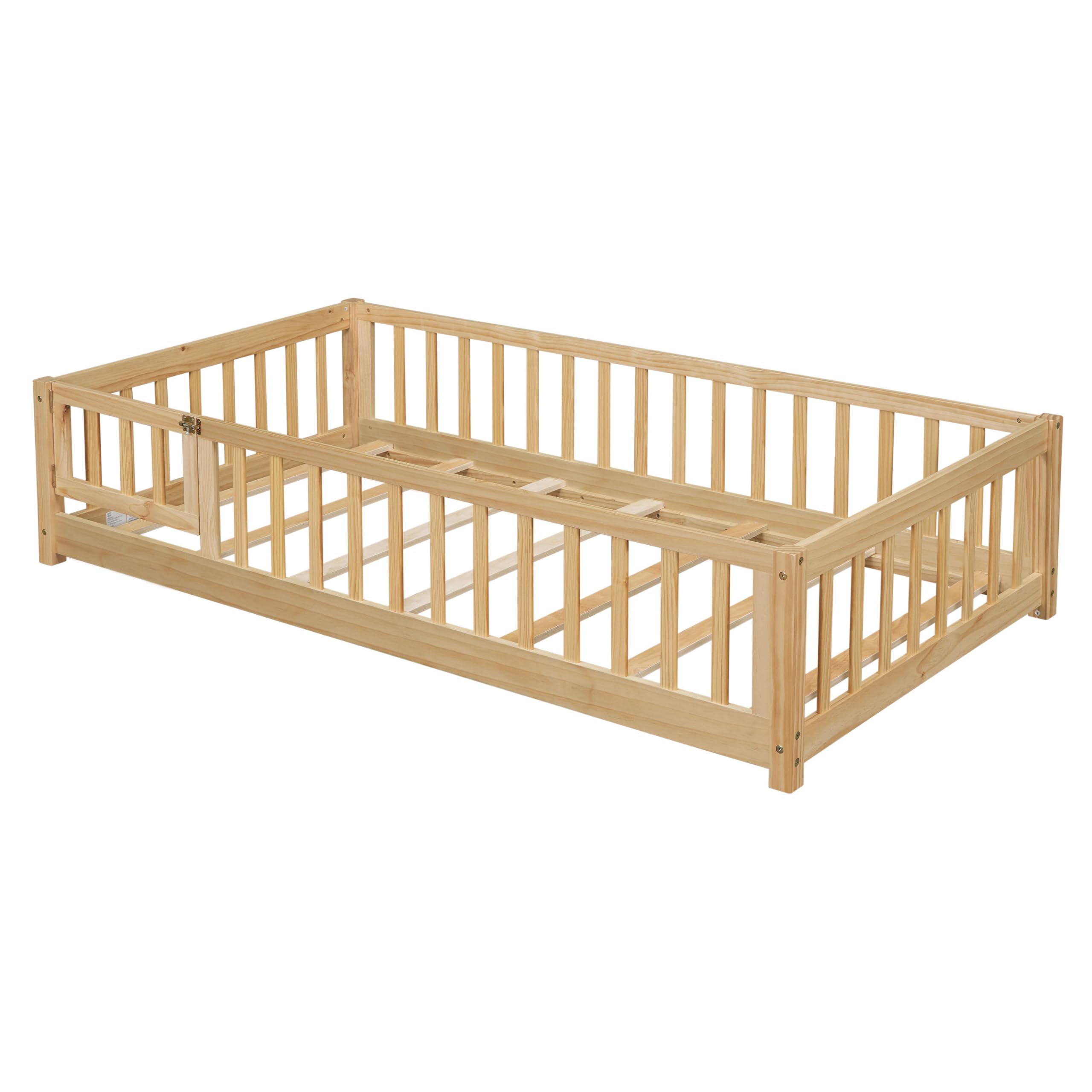 Twin Montessori Floor Bed with Safety Rails and Convertible Door