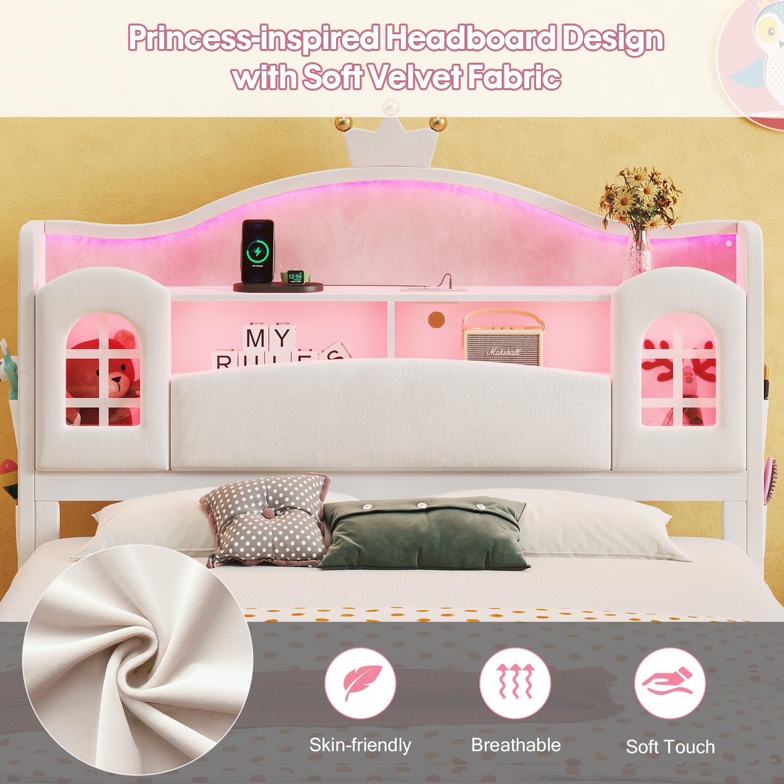 Princess Bed Frame Full Size with LED Lights and Storage