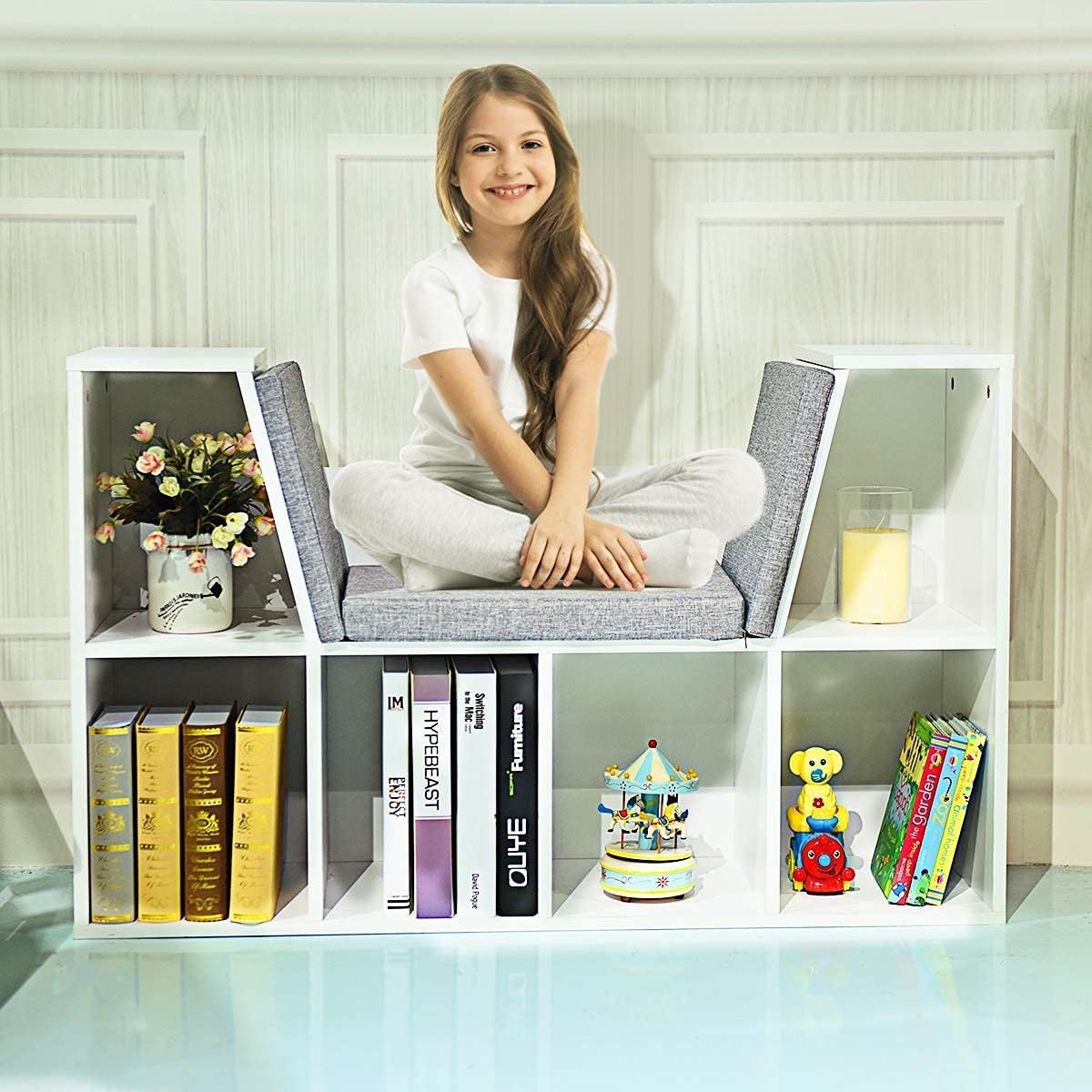 Kids Bookshelf with Reading Nook, 6 Cubby Bookcase