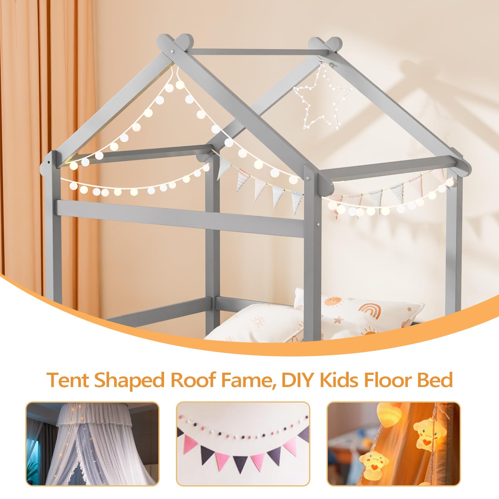 Twin House Floor Bed Frame with Roof and Safety Fence