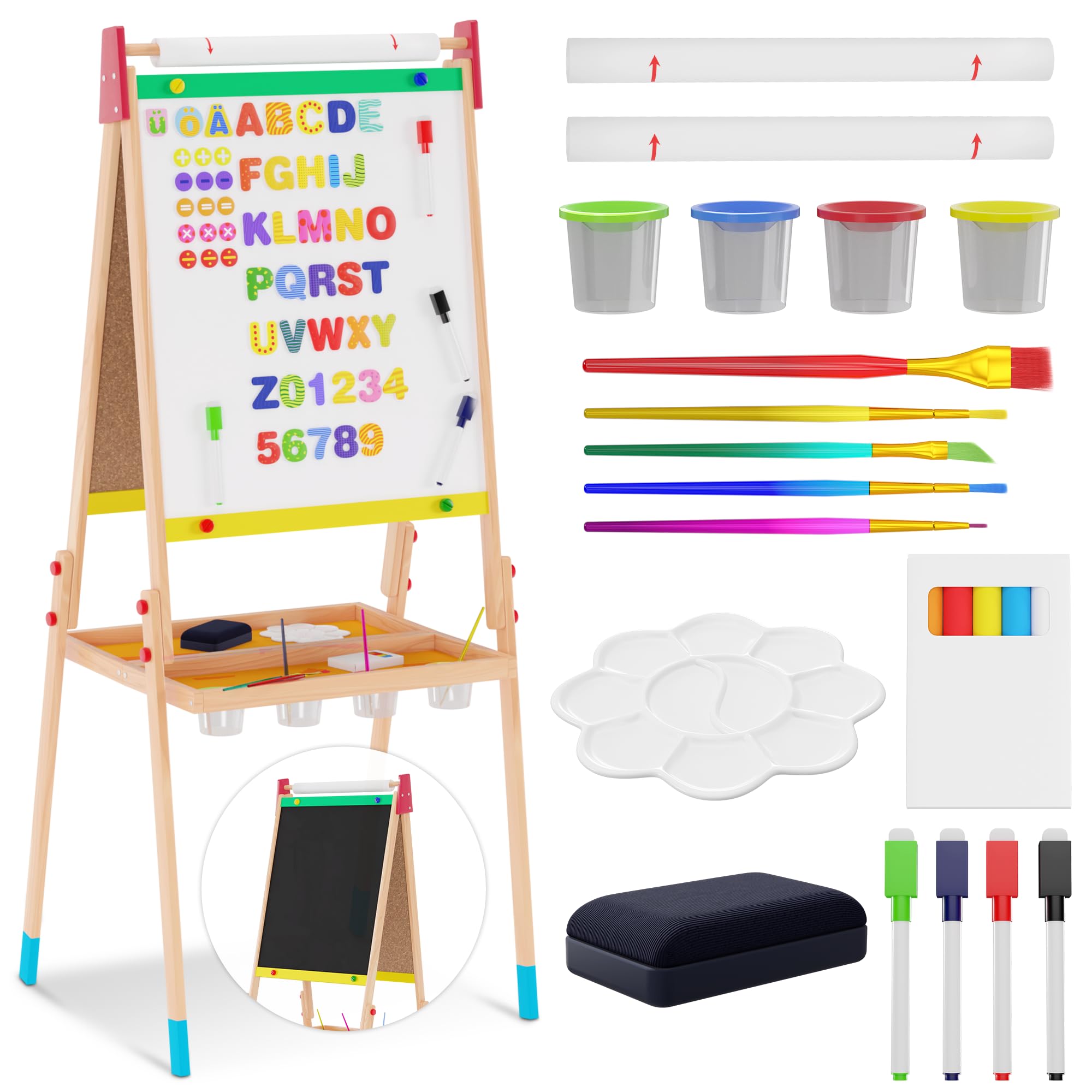 Foldable Wooden Art Easel for Kids - Kids Easel with 2 Paper Rolls