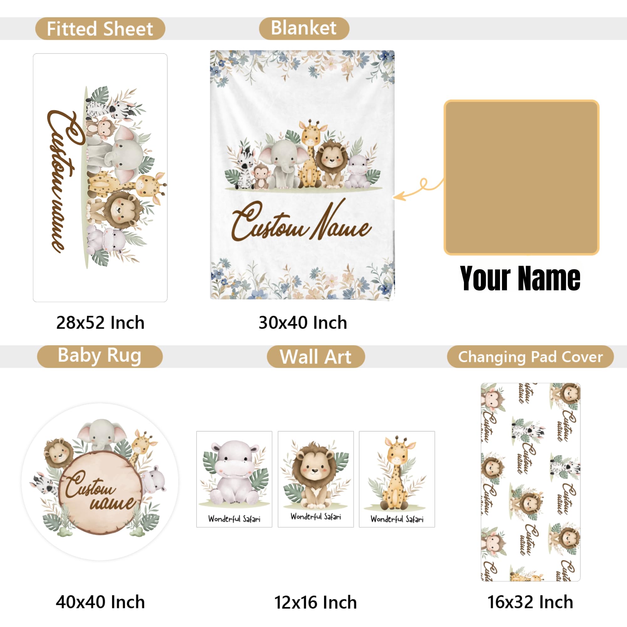 5-Piece Personalized Baby Crib Bedding Set - Animal Safari