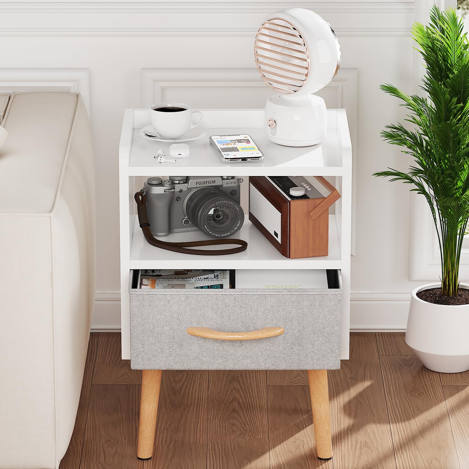 White Nightstand with Drawer Mid Century Modern Bedside Table