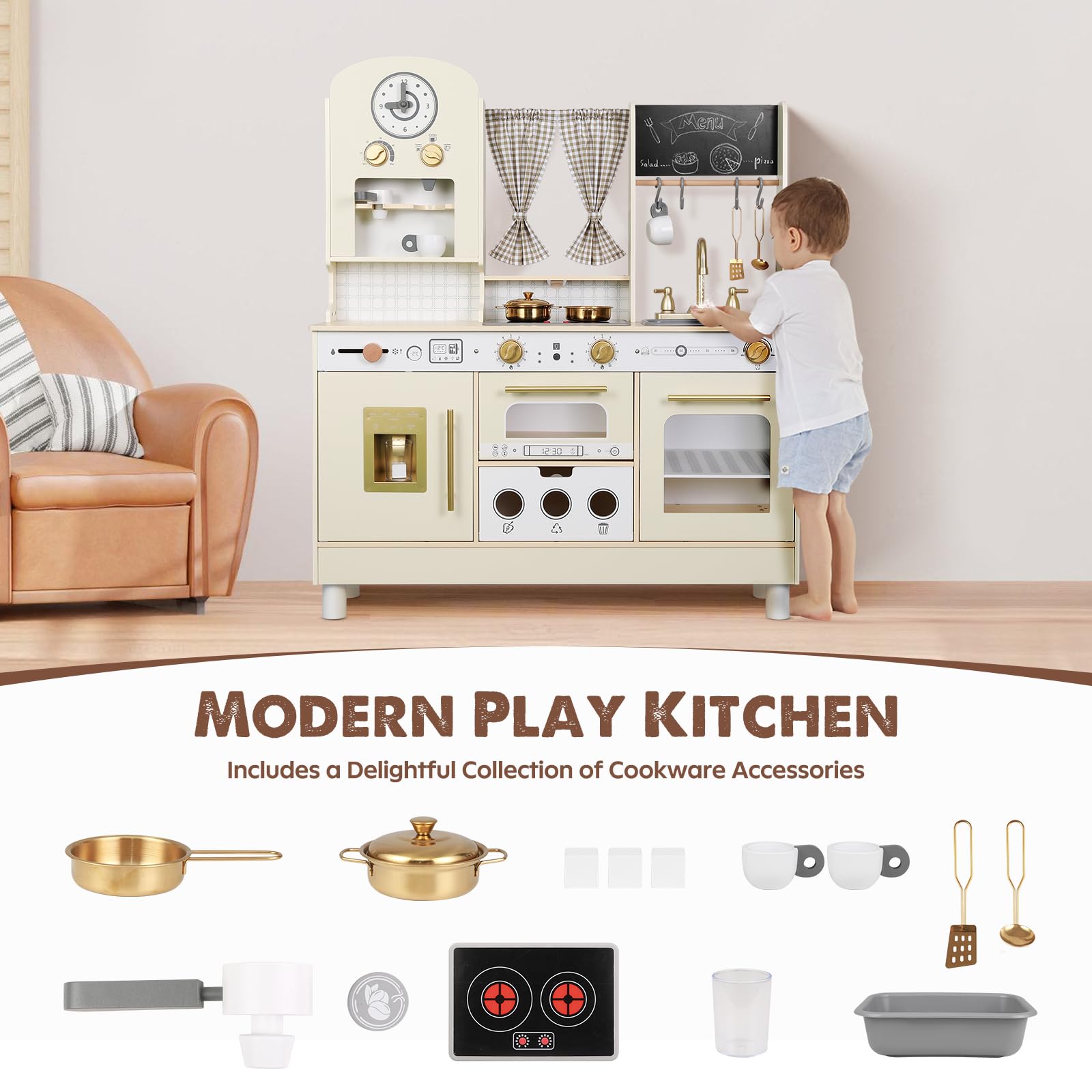 Height Adjustable Wooden Kitchen Playset with Accessories