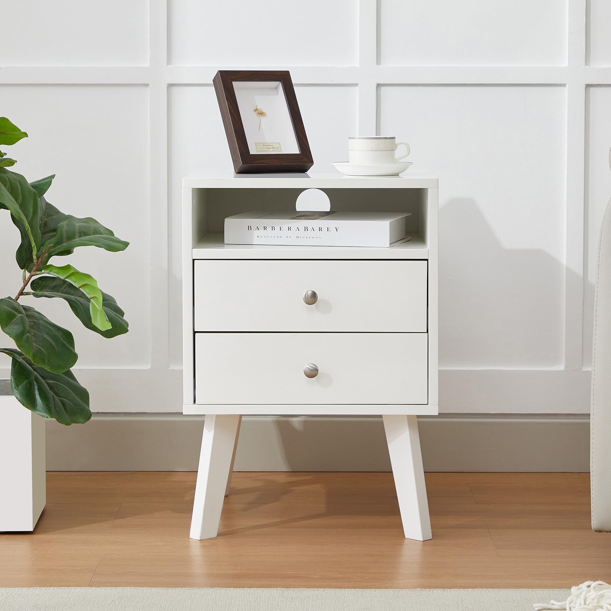 White Nightstand with 2 Drawers and Open Shelf Wooden Bed Side
