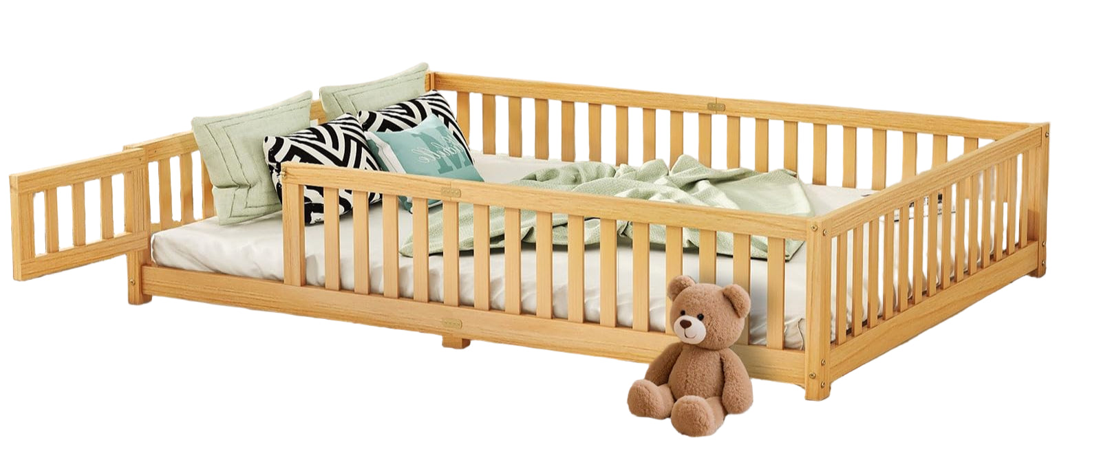 Queen Montessori Floor Bed with Rails and Door, Pine Wood Floor Bed