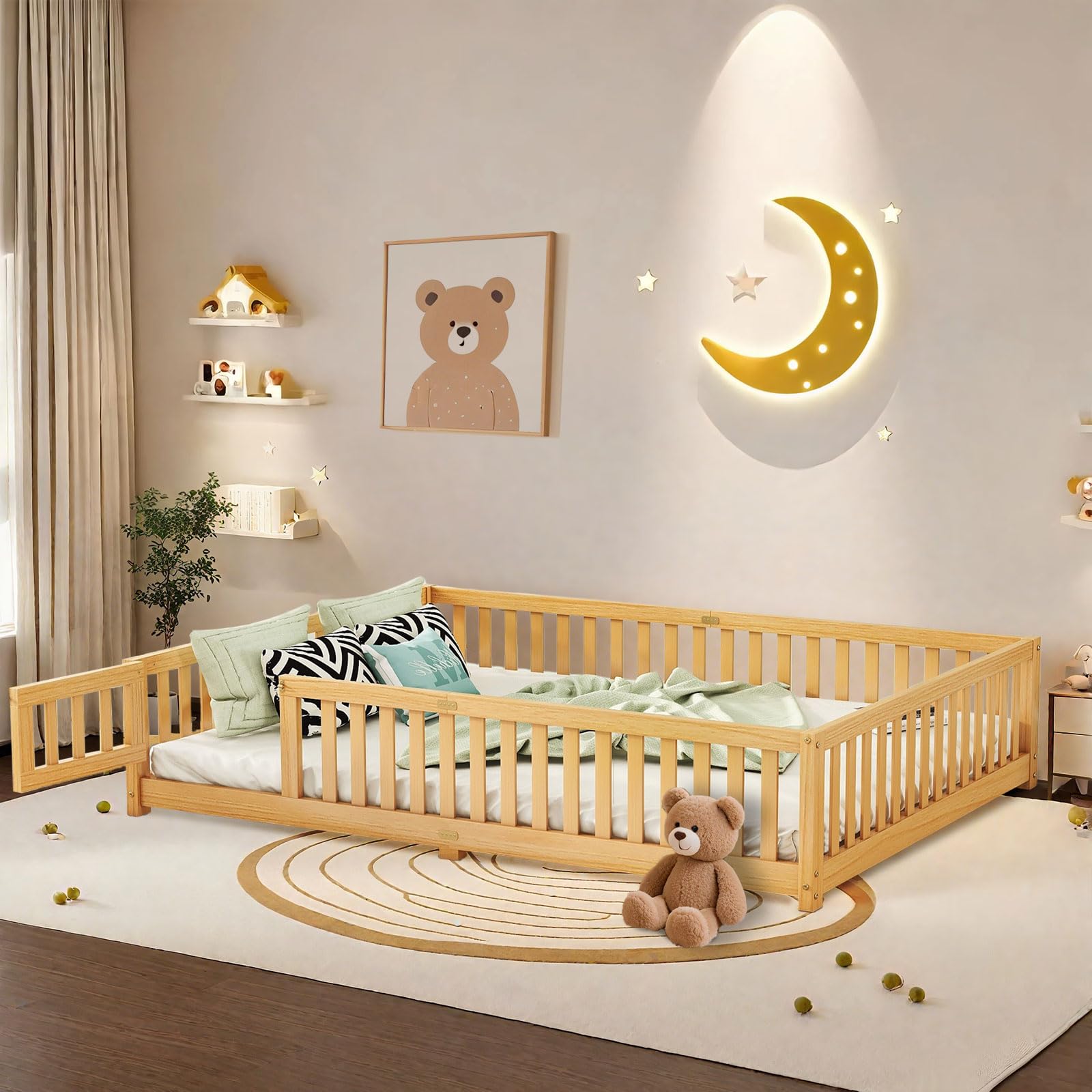 Queen Montessori Floor Bed with Rails and Door