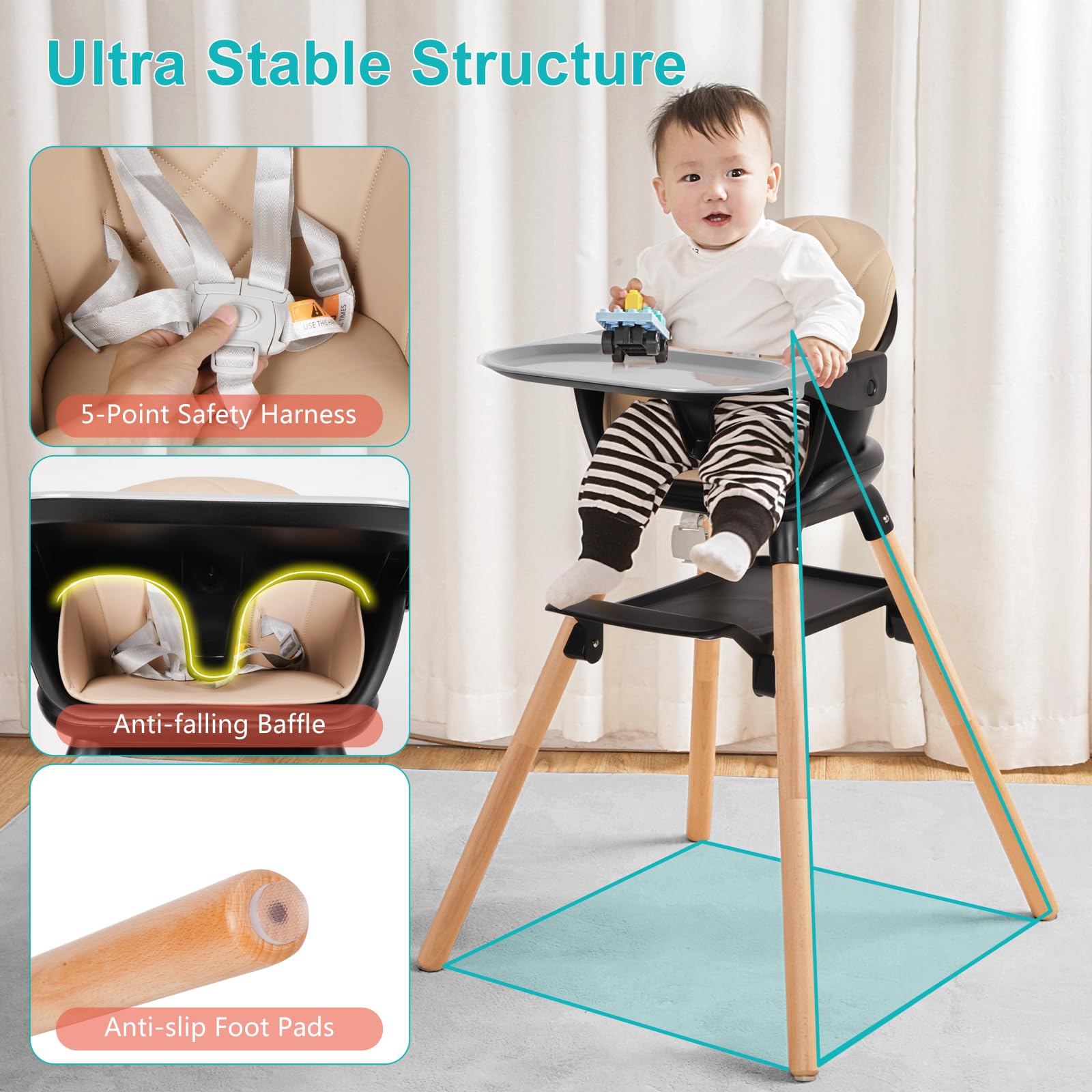 Baby High Chair, 6 in 1 Wooden Convertible High Chairs for Babies and Toddlers