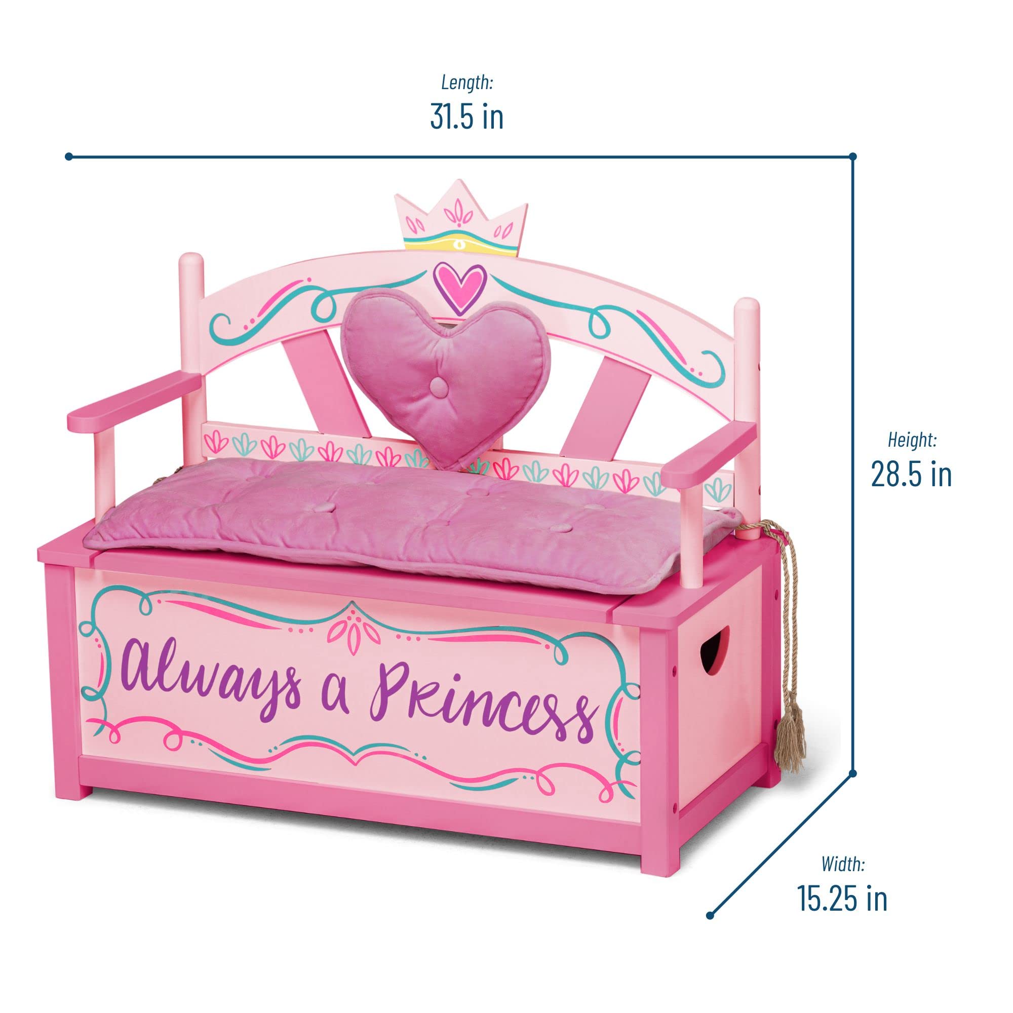 Princess Wooden Storage Bench with Padded Cushion and Safety Hinge