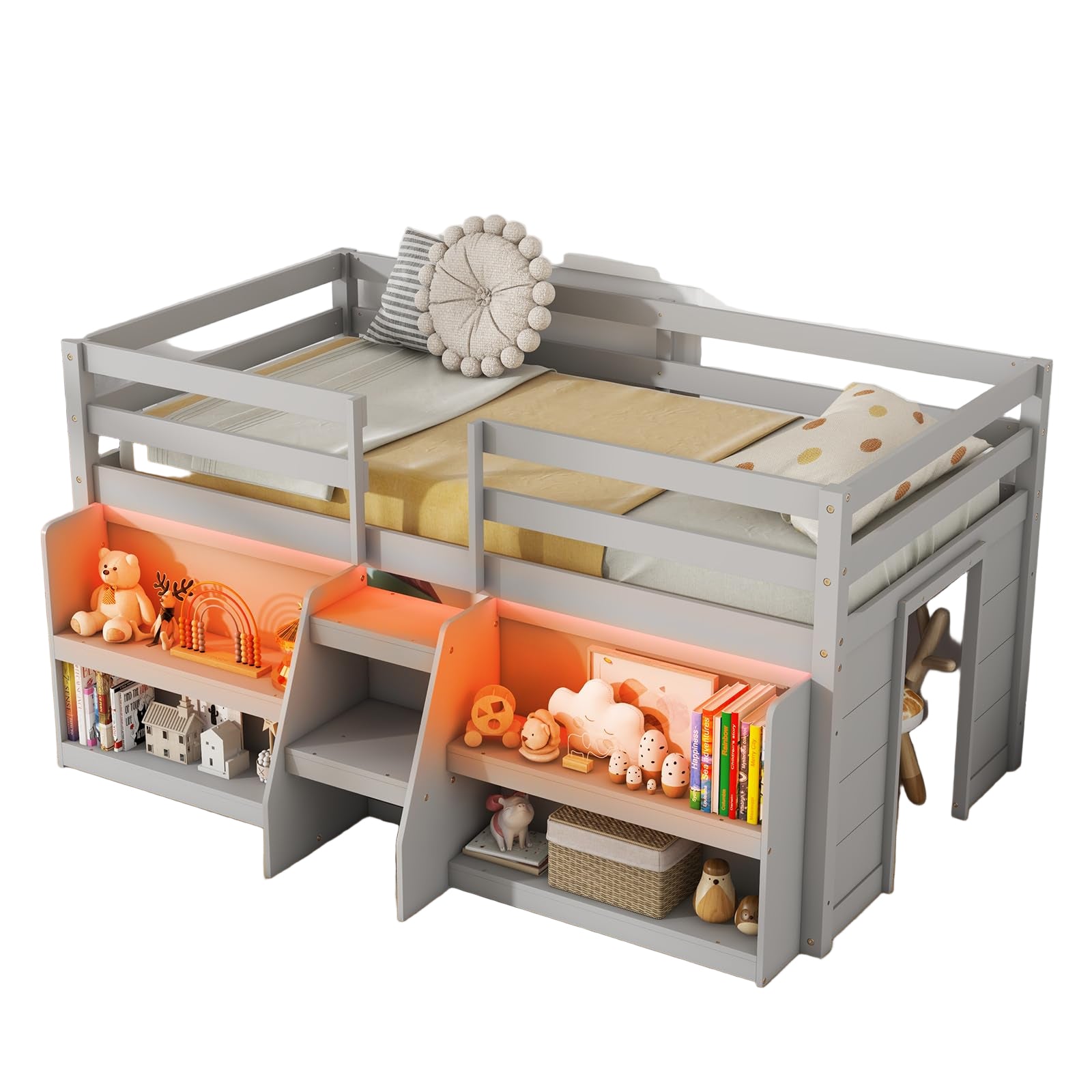 Low Loft Bed with LED Lights, Wooden Loft Bed Twin Size with Stairs & Safety Guardrail