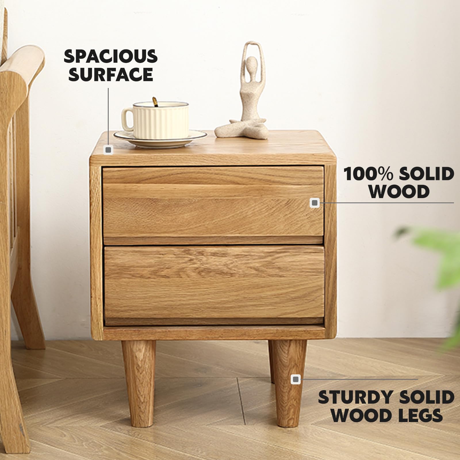 Solid Oak Wood Nightstand with 2 Drawers - Natural Bedside Table