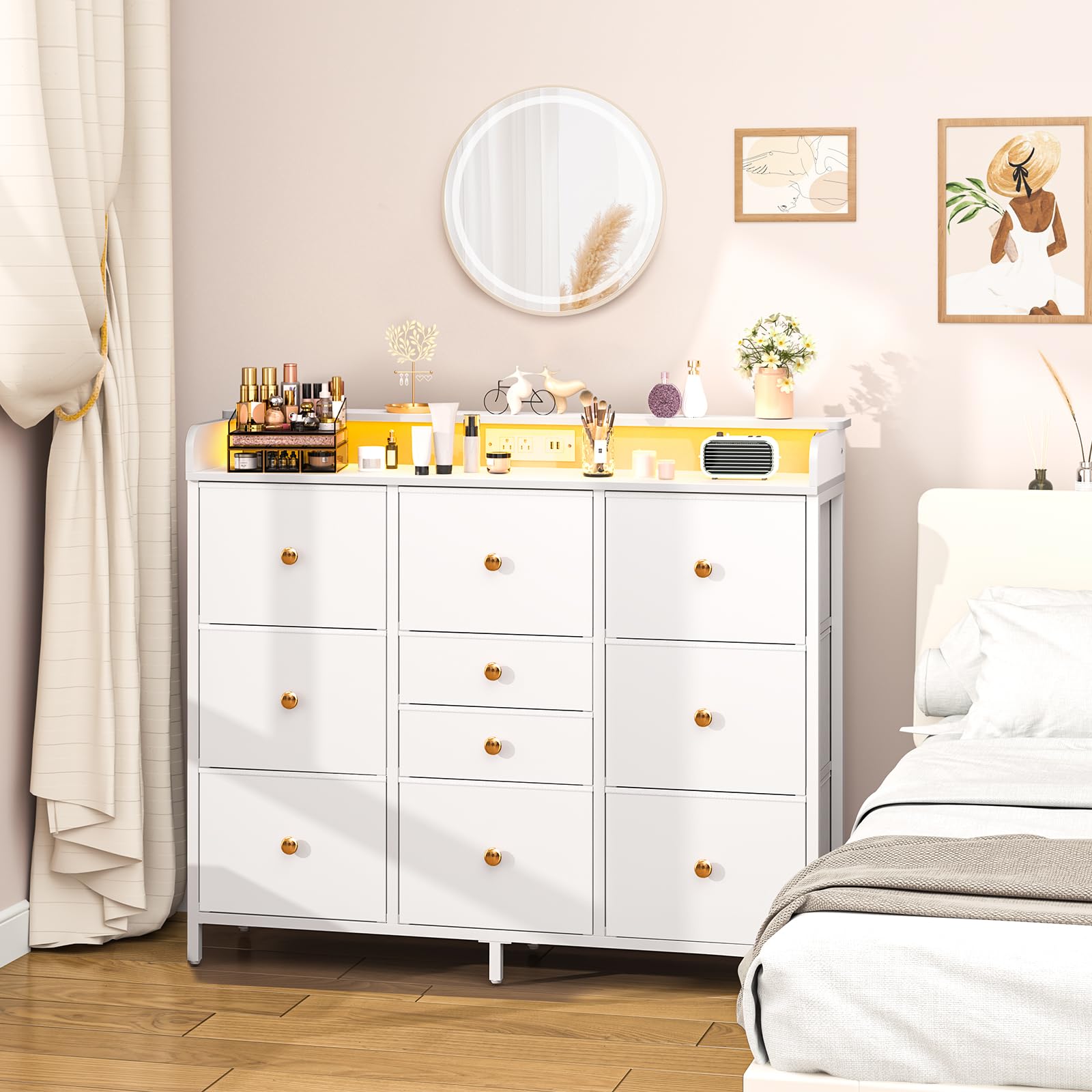 10-Drawer Dresser with Charging Station and LED Lights