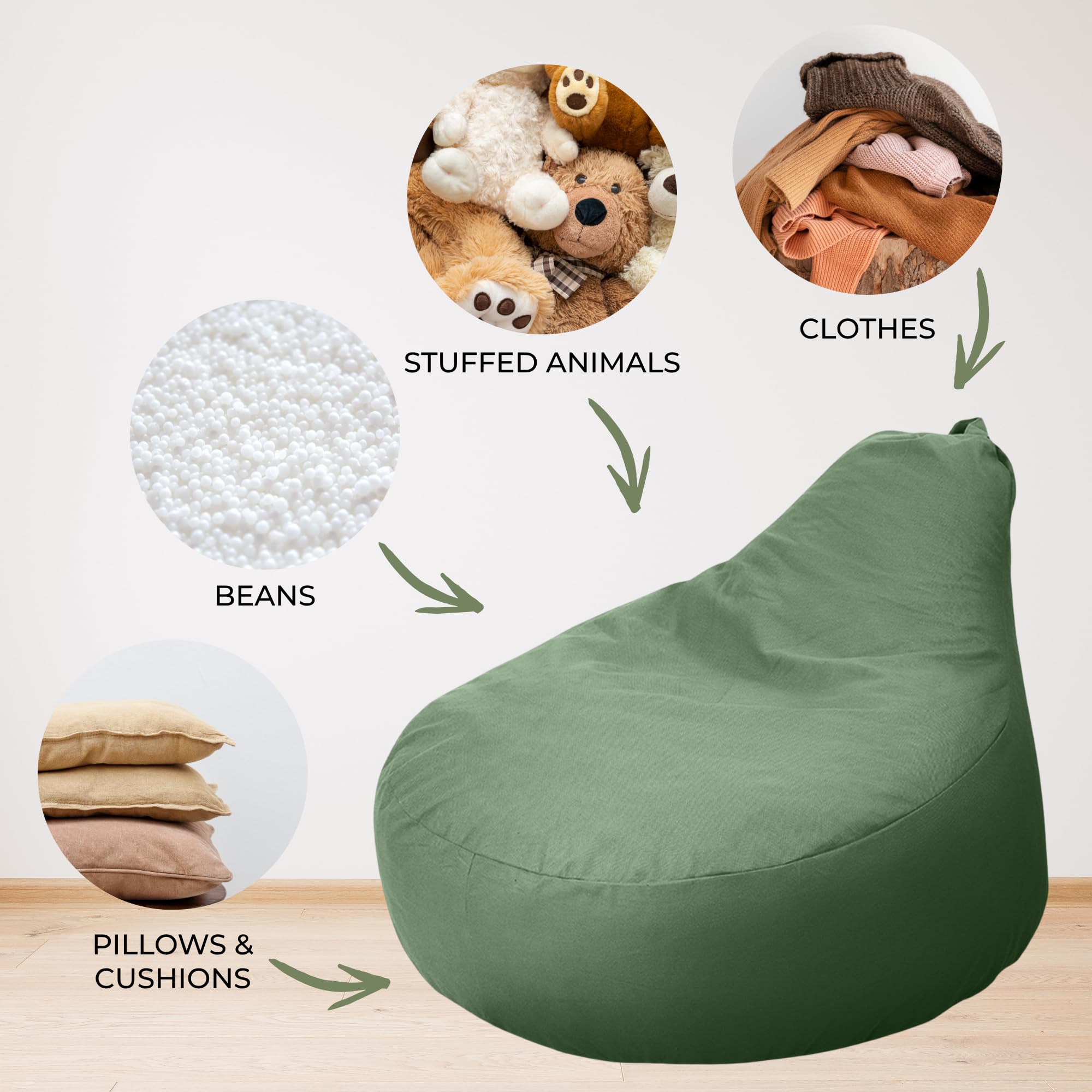 Kids Bean Bag Chair Cover with Storage - Sage Green