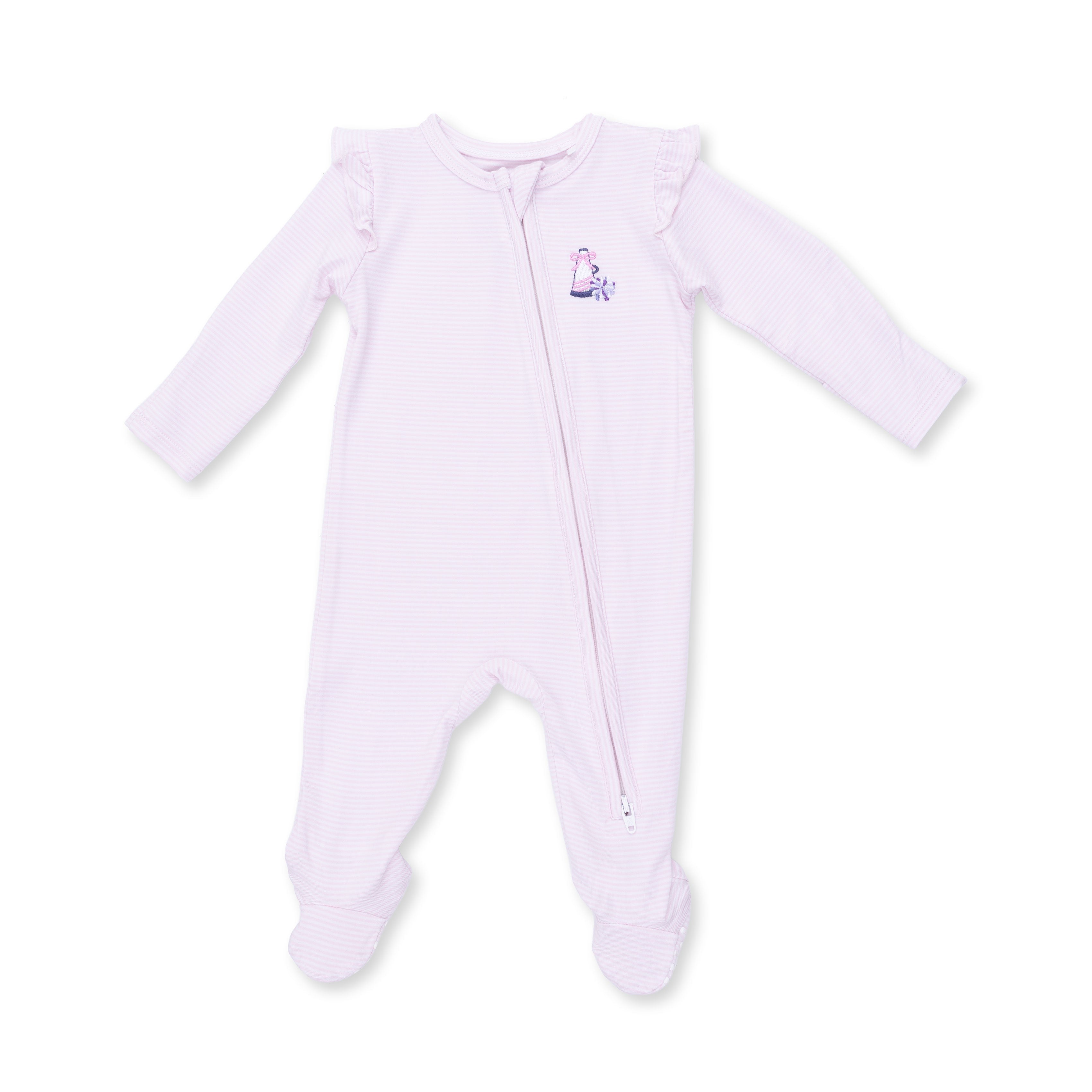 Cheer Pink Micro Stripe - 2 Way Ruffle Sleeve Zipper Footie