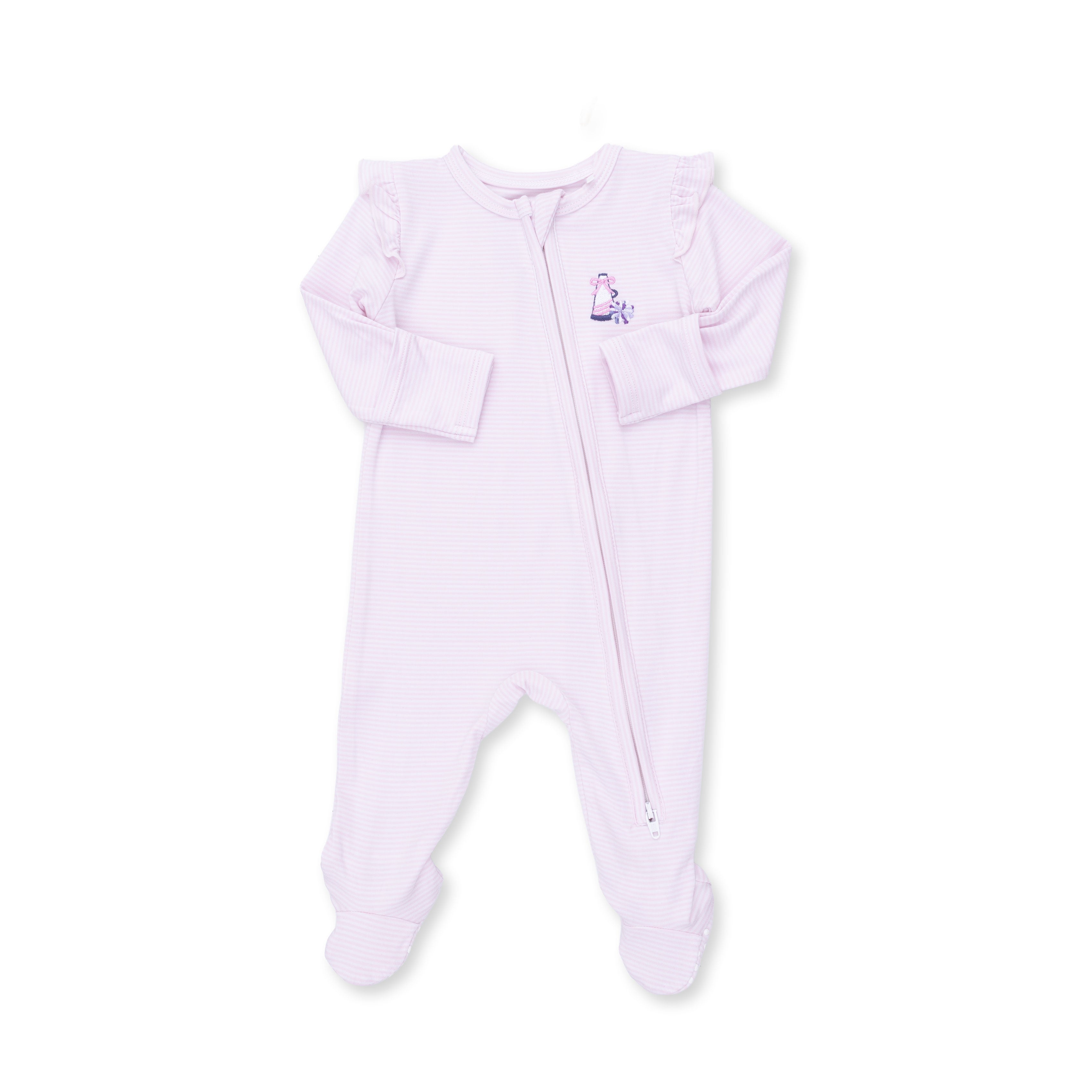 Cheer Pink Micro Stripe - 2 Way Ruffle Sleeve Zipper Footie
