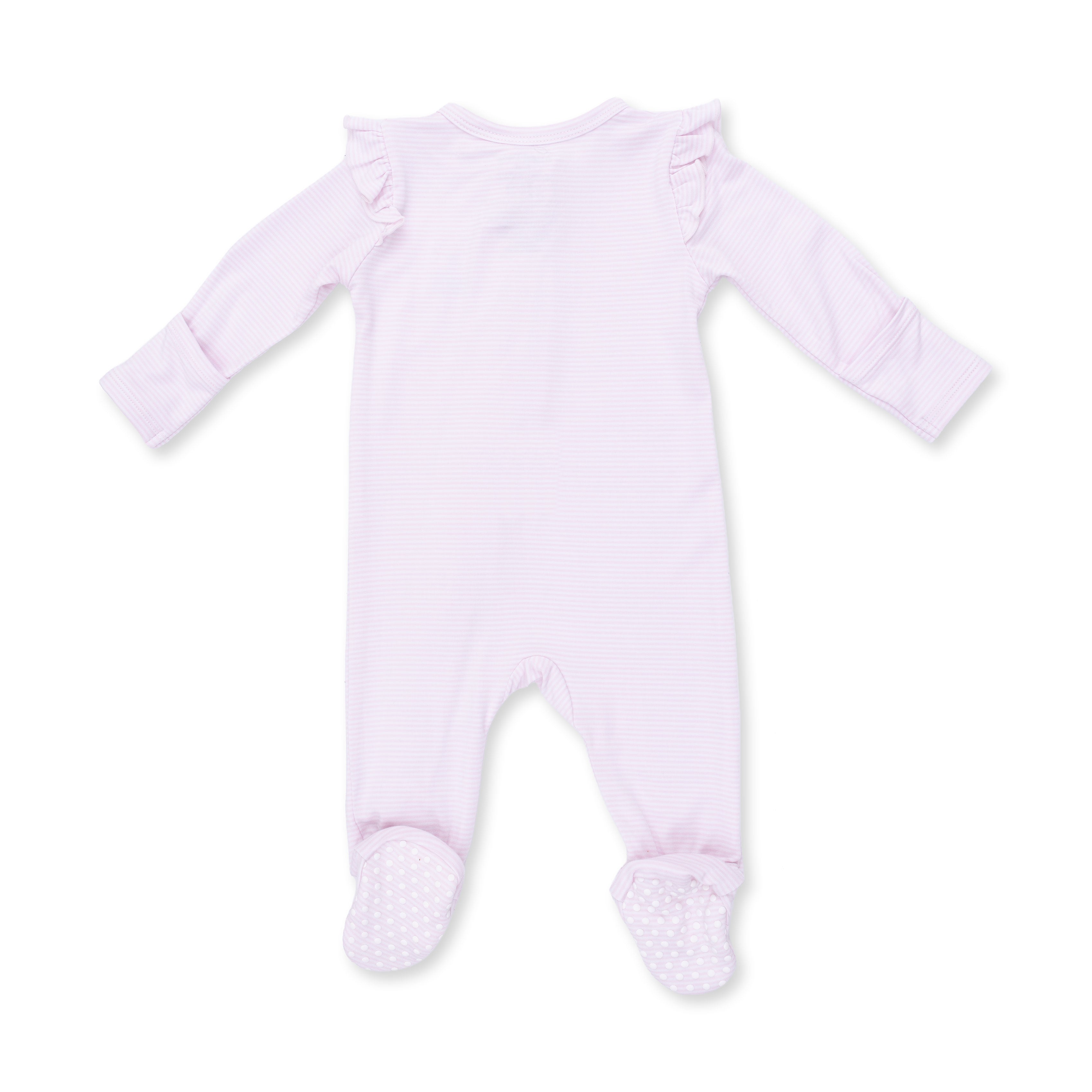 Cheer Pink Micro Stripe - 2 Way Ruffle Sleeve Zipper Footie