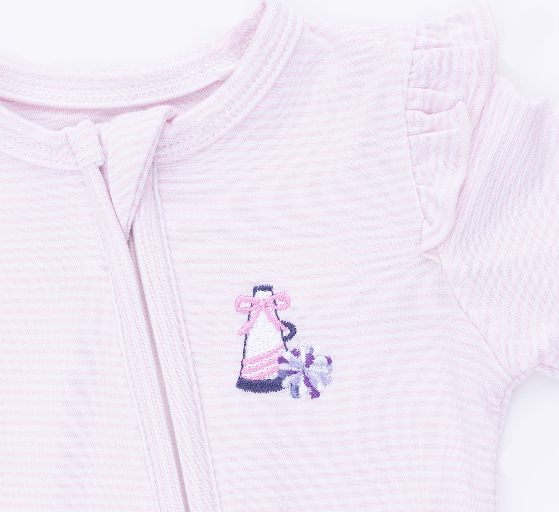 Cheer Pink Micro Stripe - 2 Way Ruffle Sleeve Zipper Footie
