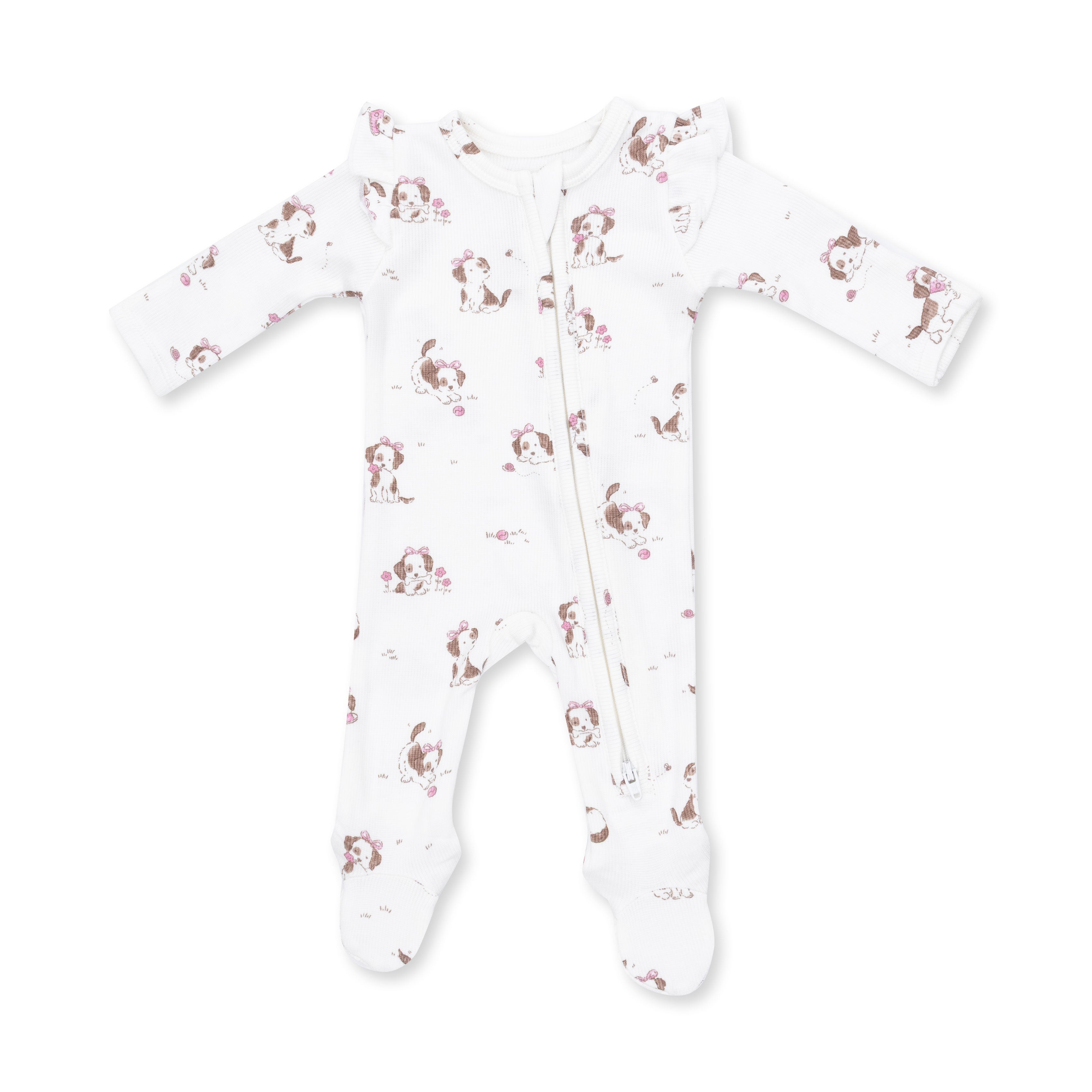 Explorer Puppy Pink - 2 Way Ruffle Sleeve Zipper Footie
