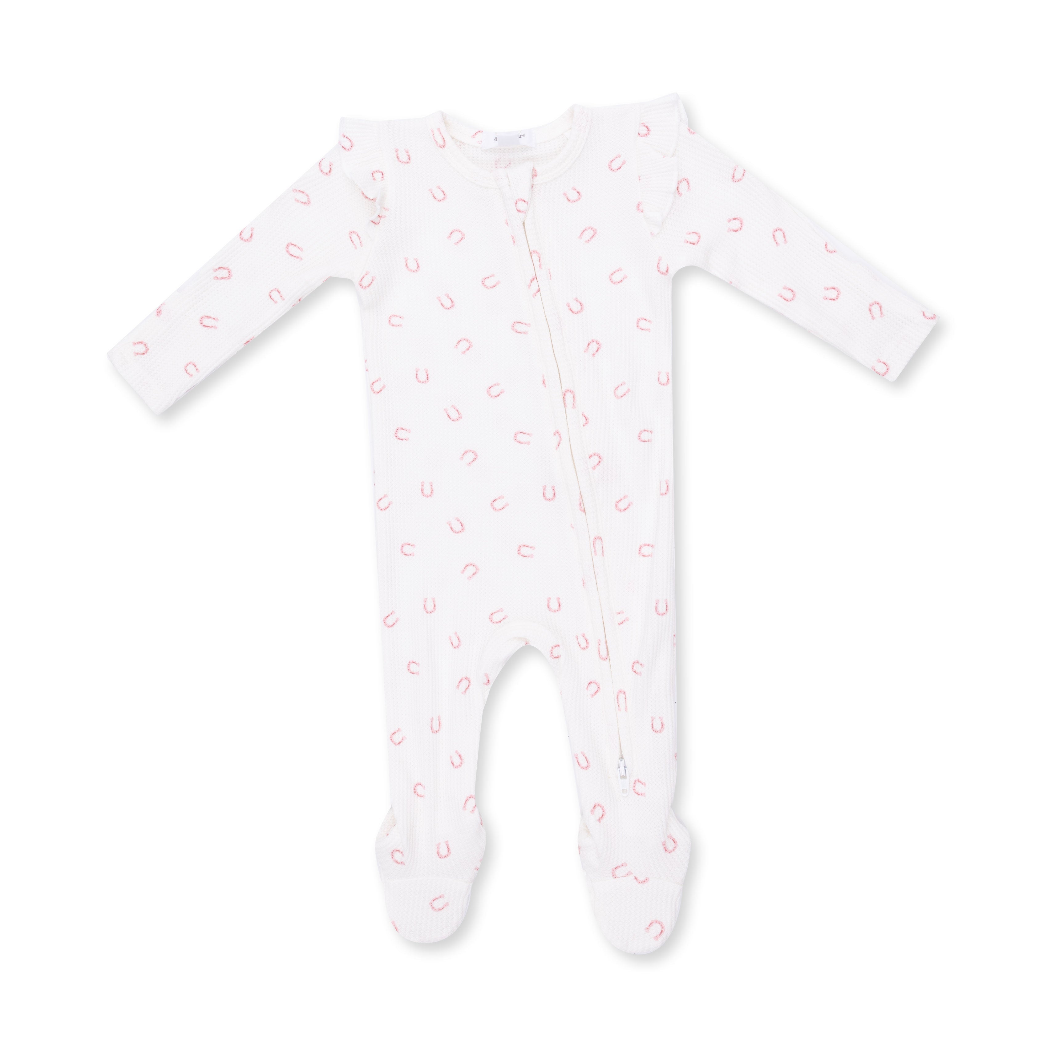 Little Horseshoes Pink - 2 Way Ruffle Sleeve Zipper Footie