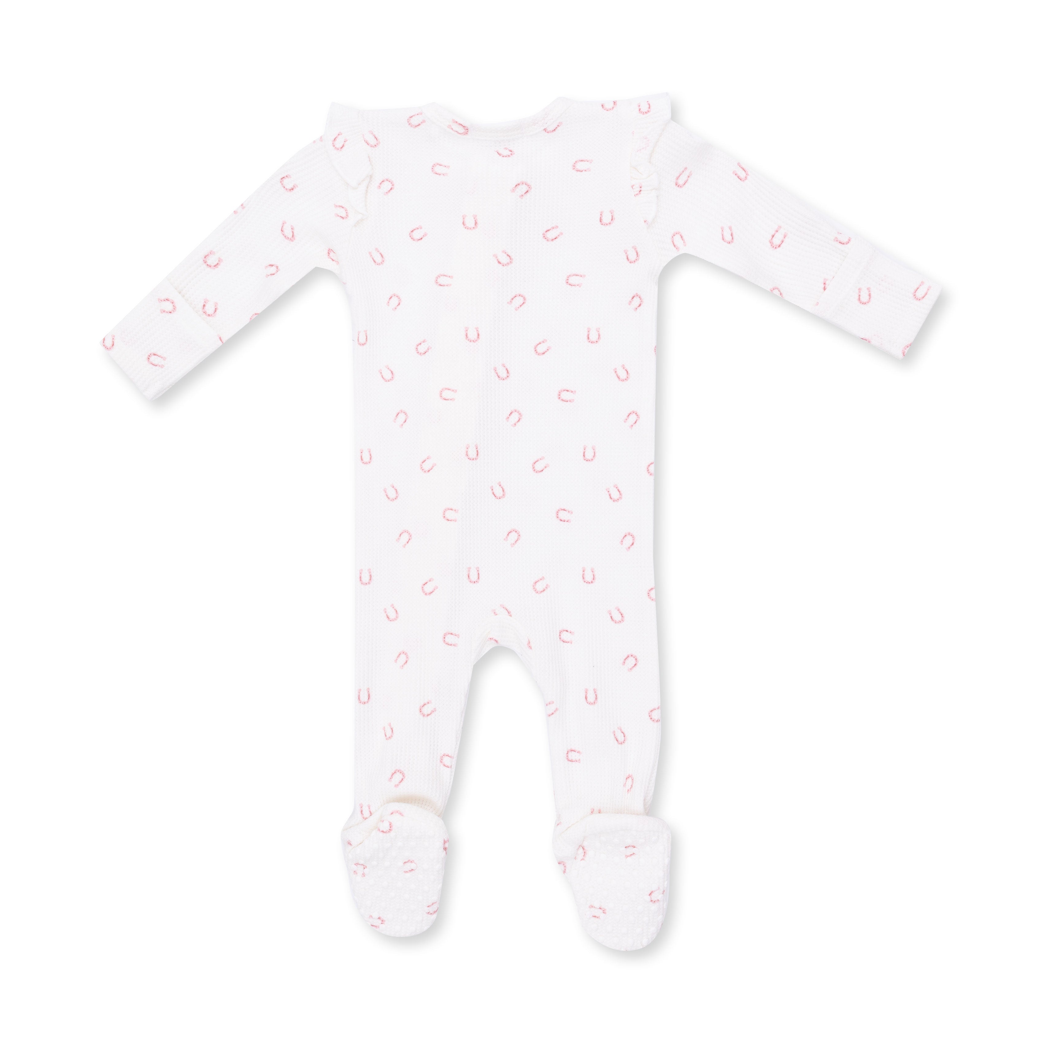 Little Horseshoes Pink - 2 Way Ruffle Sleeve Zipper Footie
