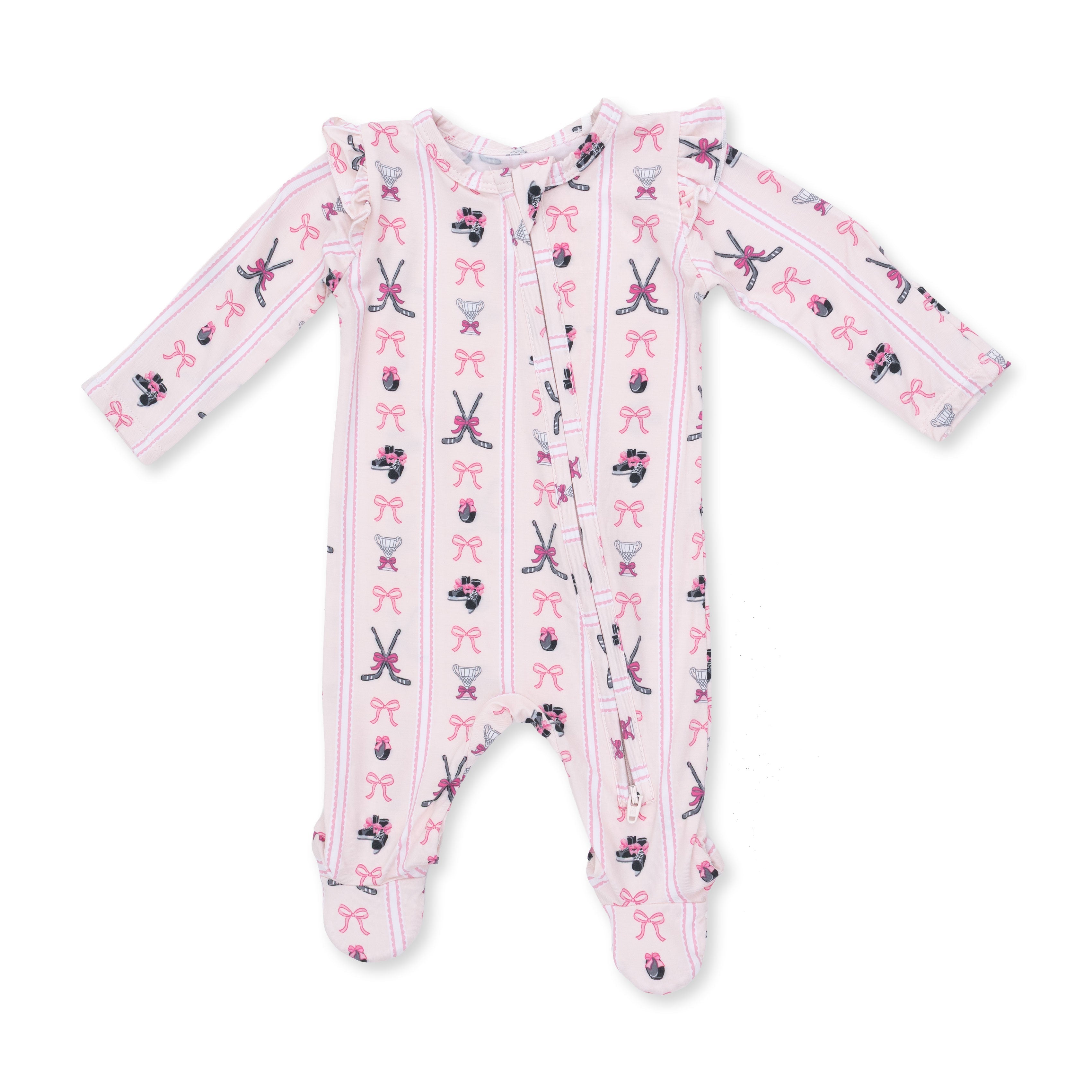 Megan's Bowtiful Hockey Stripe - 2 Way Ruffle Sleeve Zipper Footie