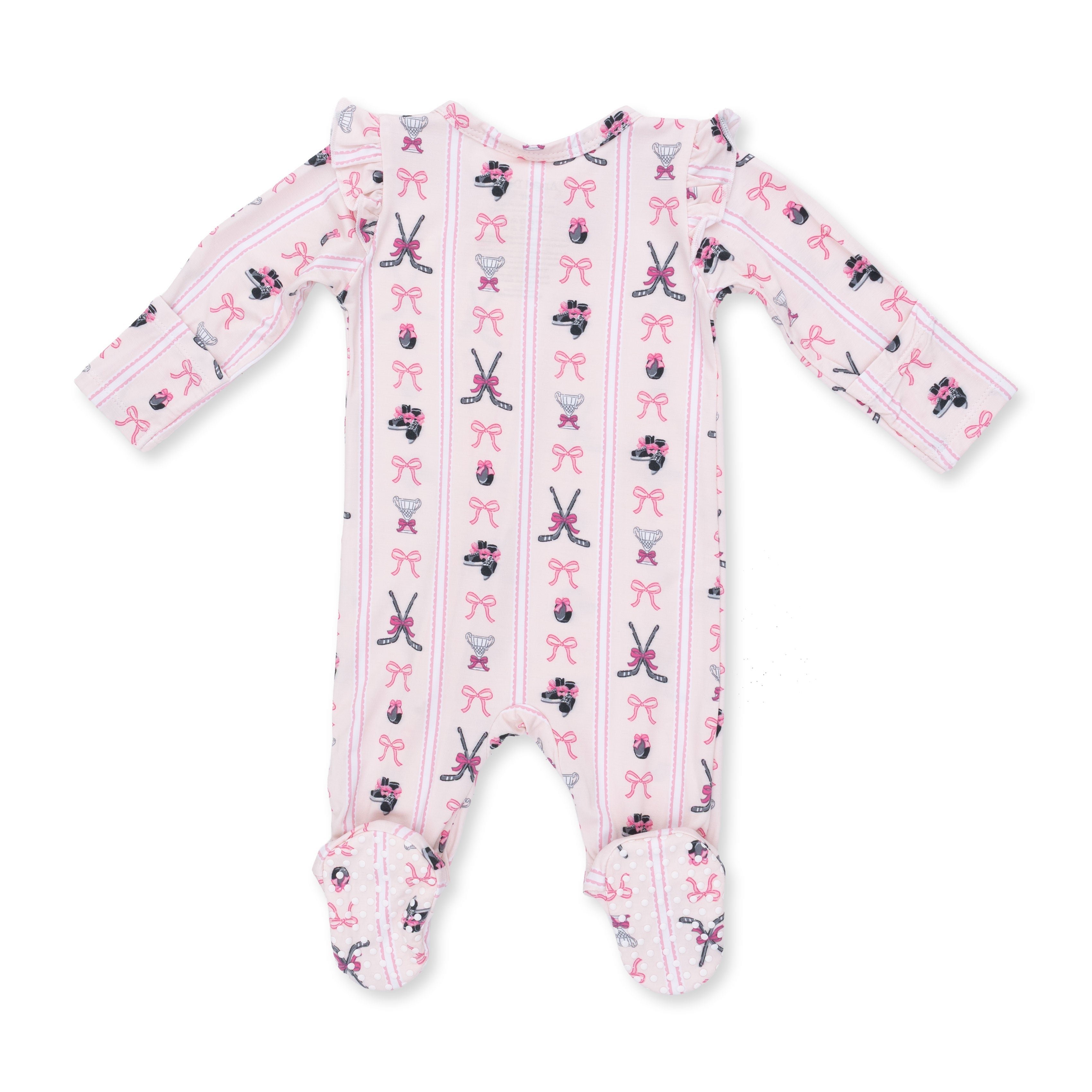 Megan's Bowtiful Hockey Stripe - 2 Way Ruffle Sleeve Zipper Footie
