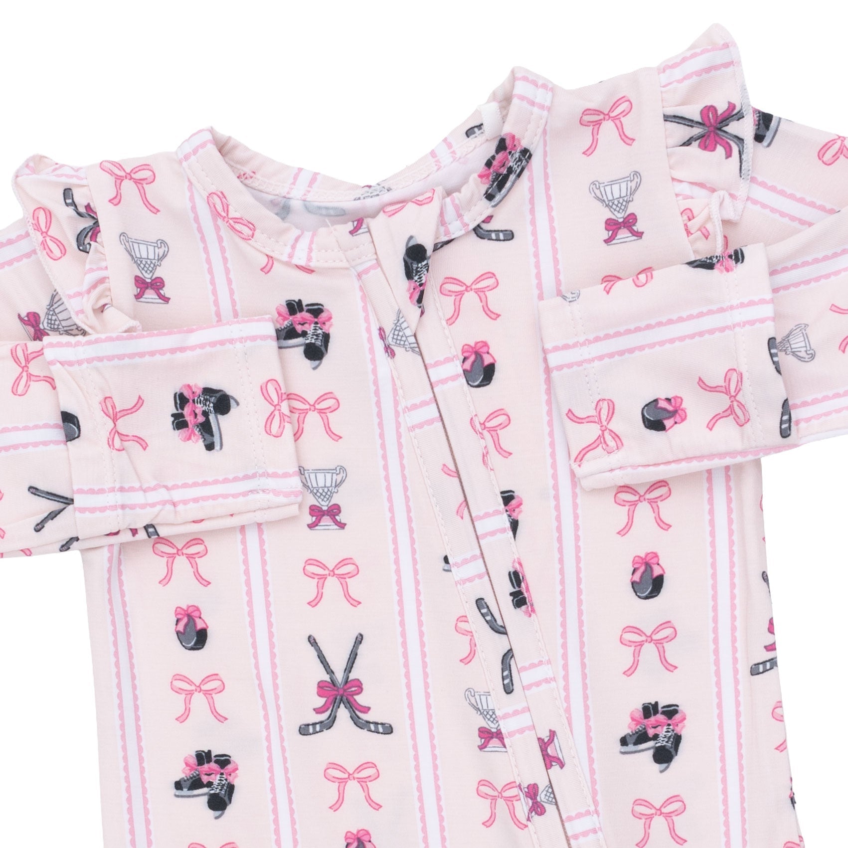 Megan's Bowtiful Hockey Stripe - 2 Way Ruffle Sleeve Zipper Footie