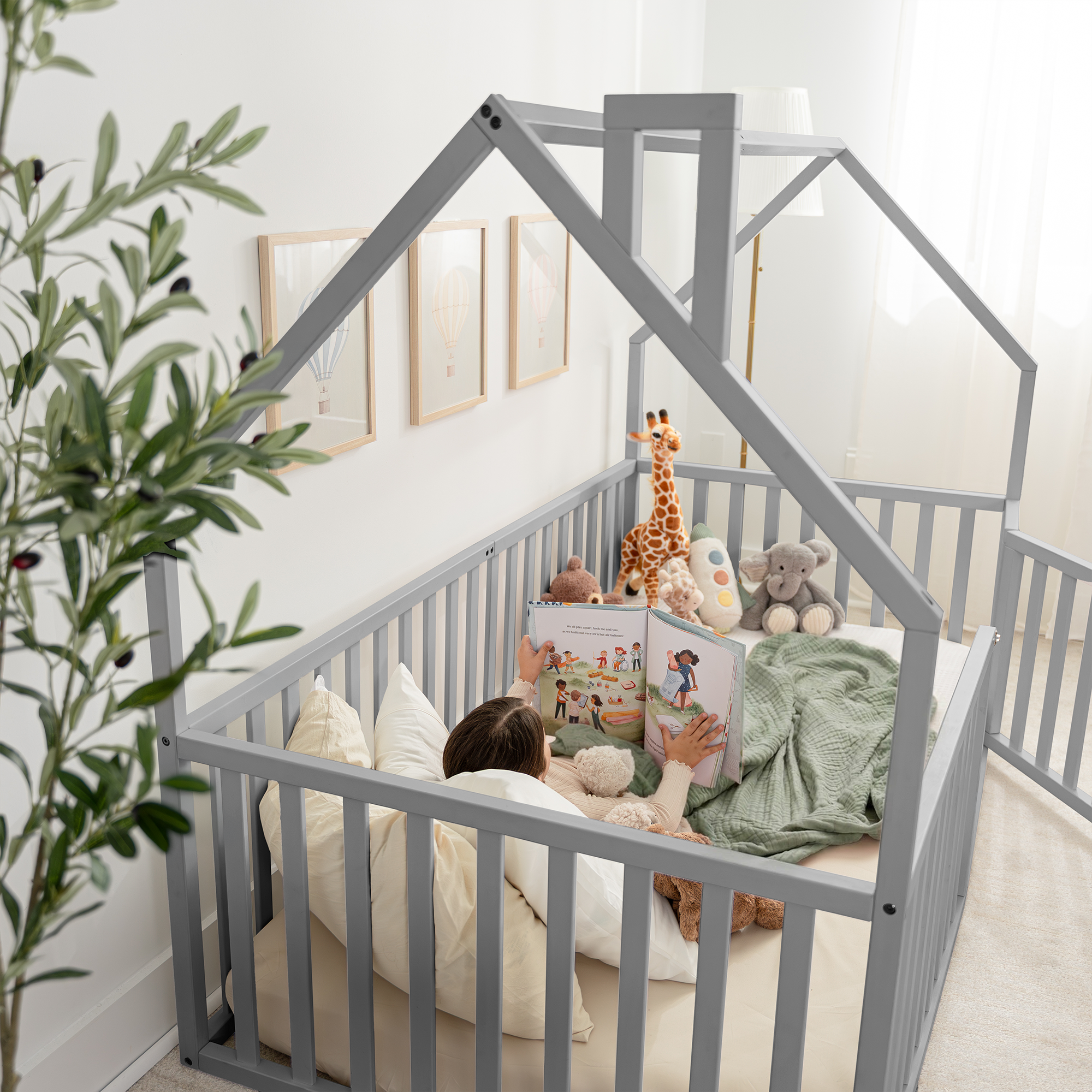 Kids House Gated Floor Bed Twin Size for Children Aged 5+,  Grey