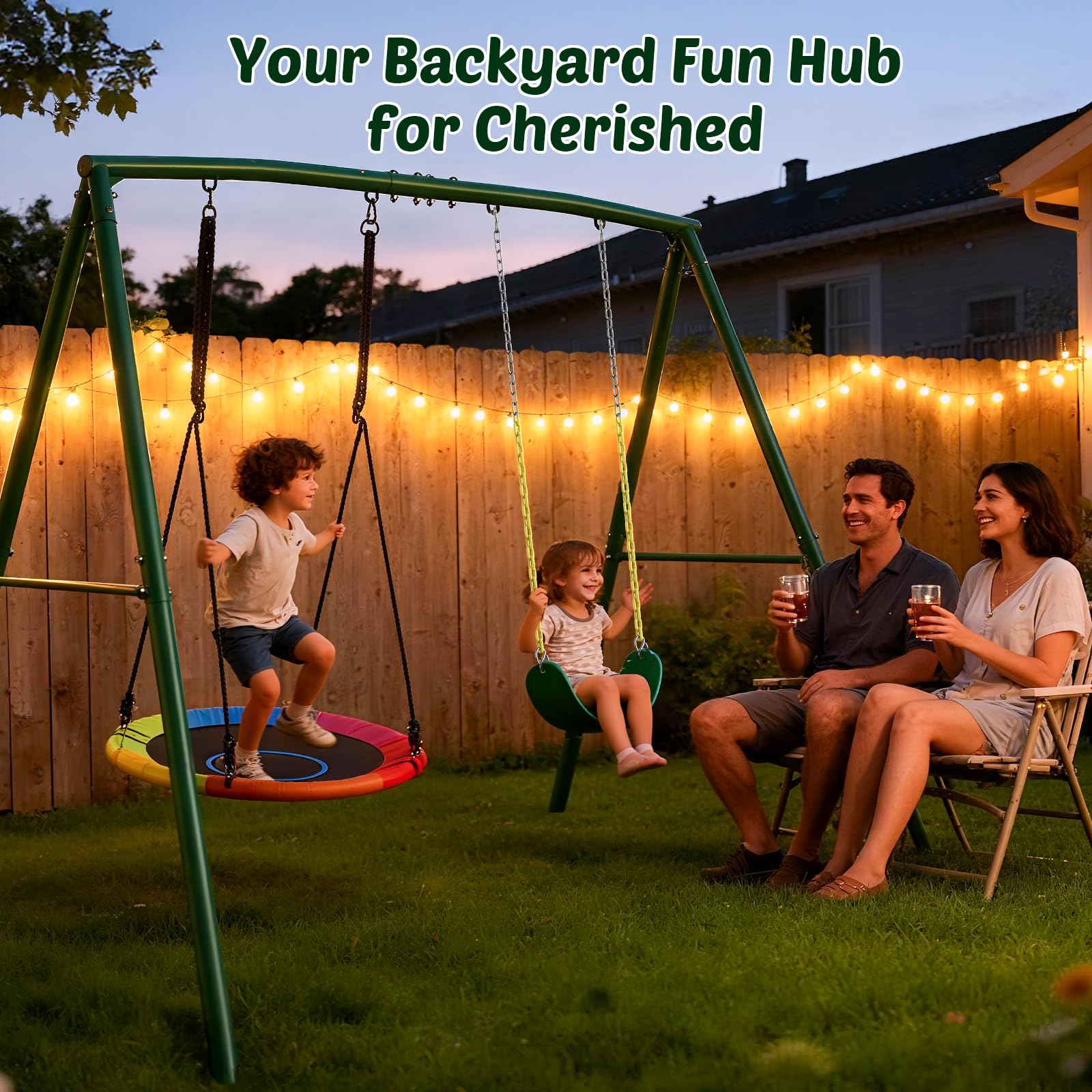 440lbs Capacity 2-Seat Outdoor Swing Set with A-Frame Metal Stand