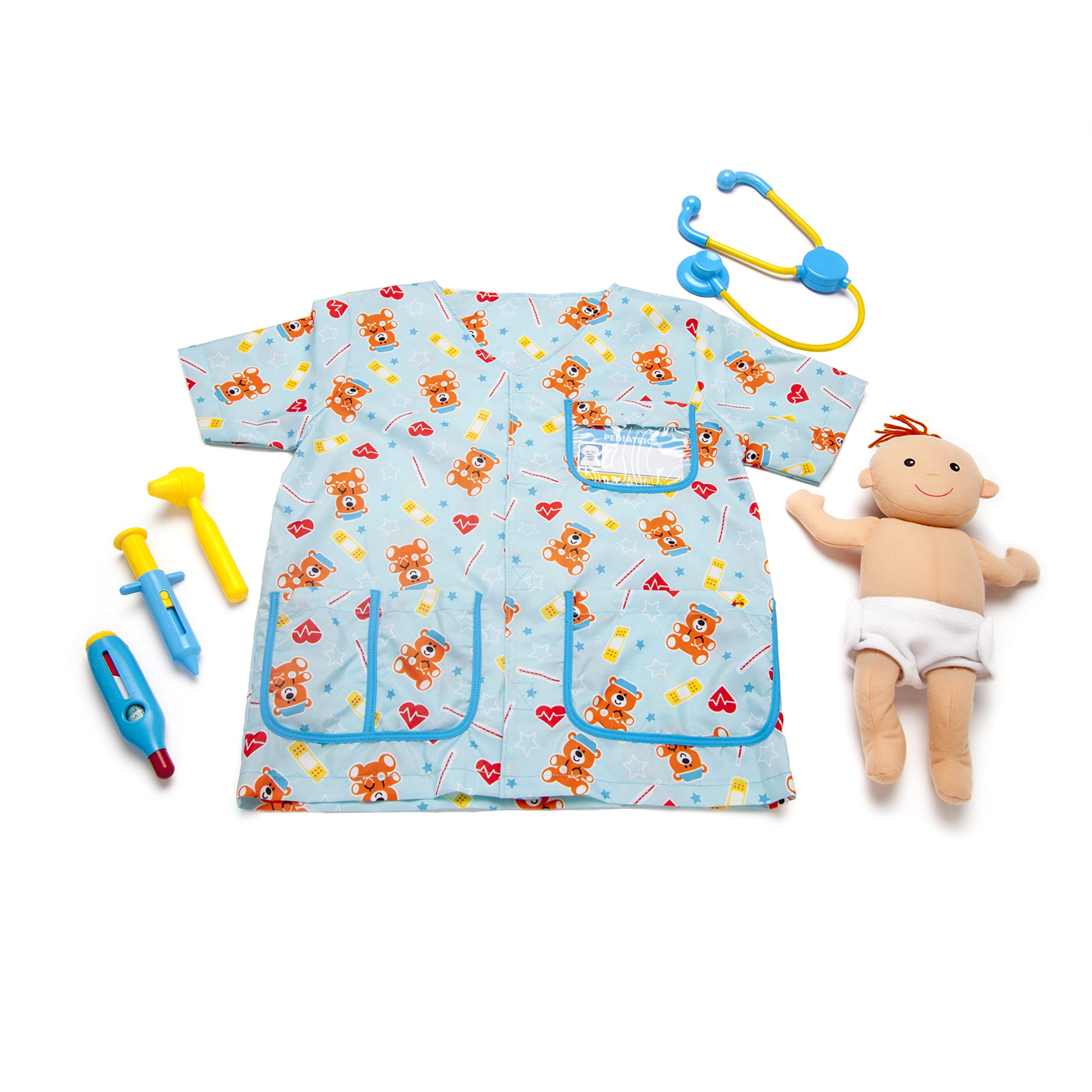 Doug Pediatric Nurse Costume Role Play Set (8 pcs) - Includes Baby Doll, Stethoscope