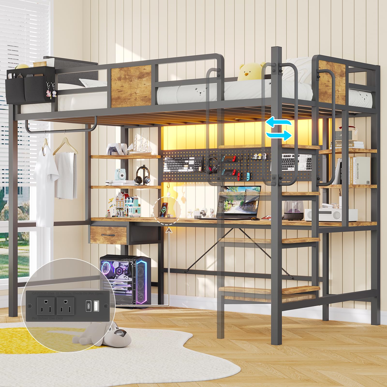 Loft Bed Twin Size with Desk,Twin Loft Bed with Storage Organizer