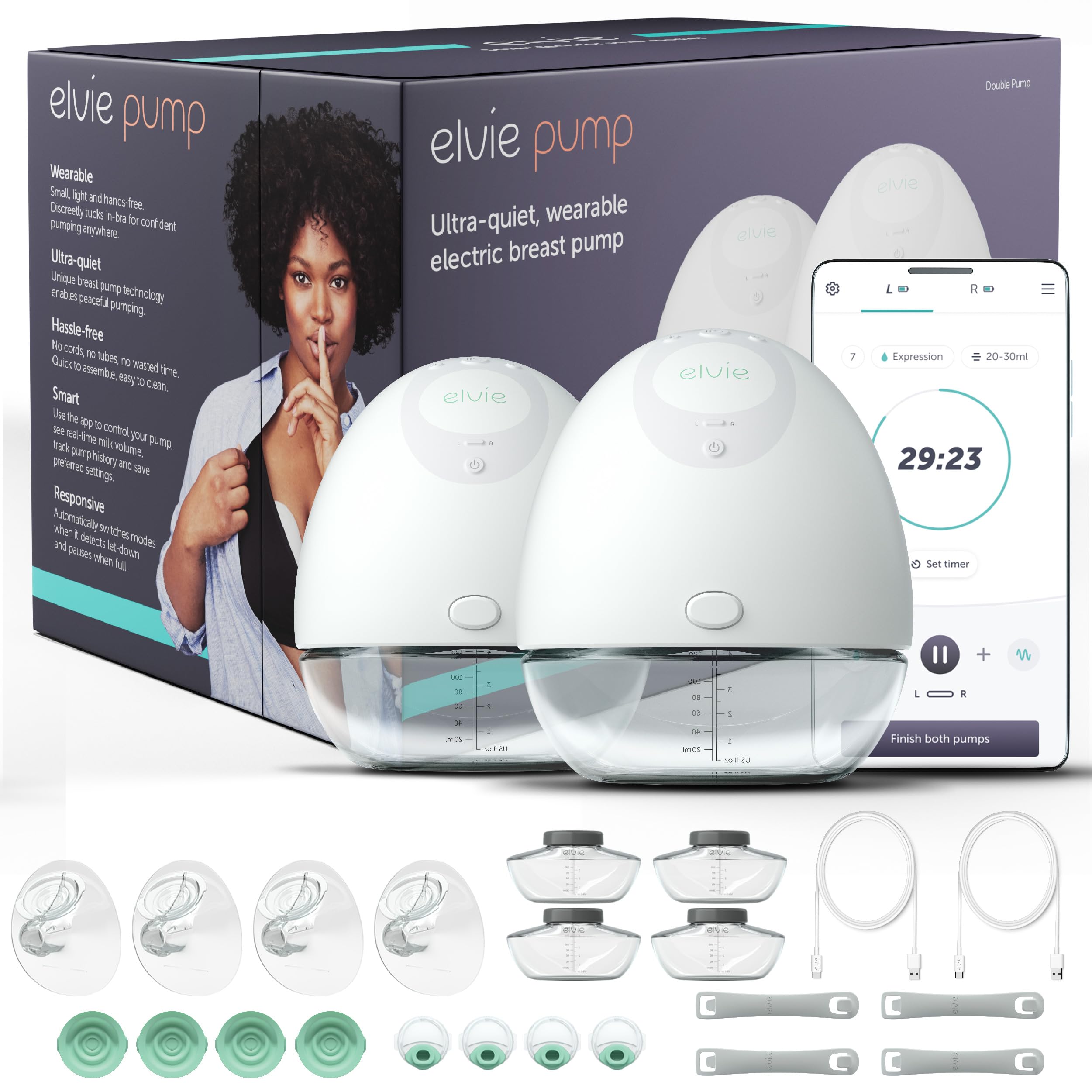 Double, Wearable Breast Pump w/App - The Smallest & Quietest - Portable - Hands Free