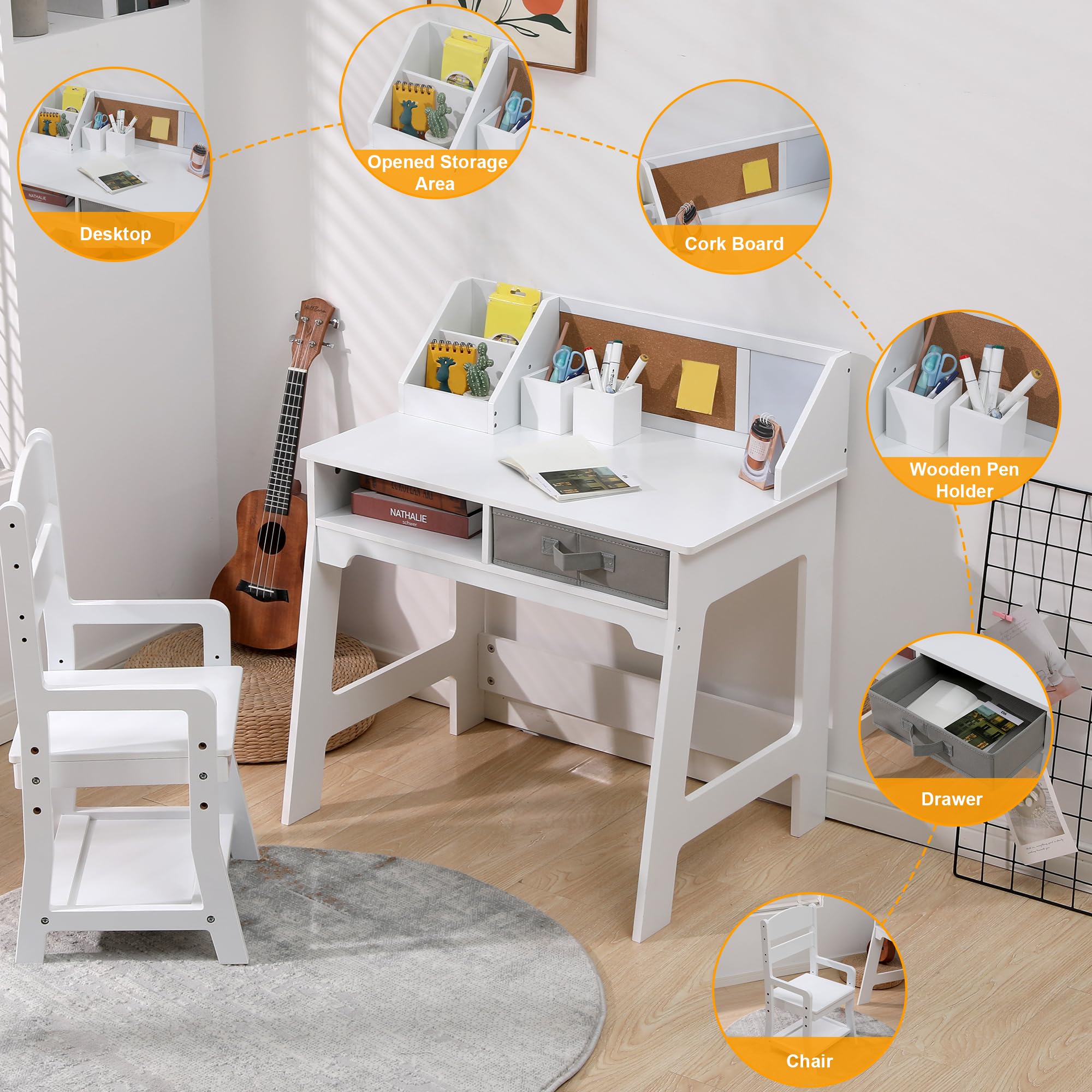 Kids Desk and Chair Set with Storage Drawers