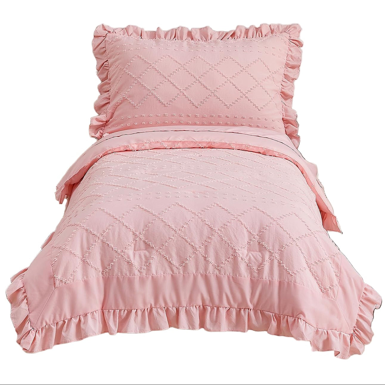 4 Piece Boho Tufted Toddler Bedding Set for Girls Pink Ruffle Crib Bed Sheets Set
