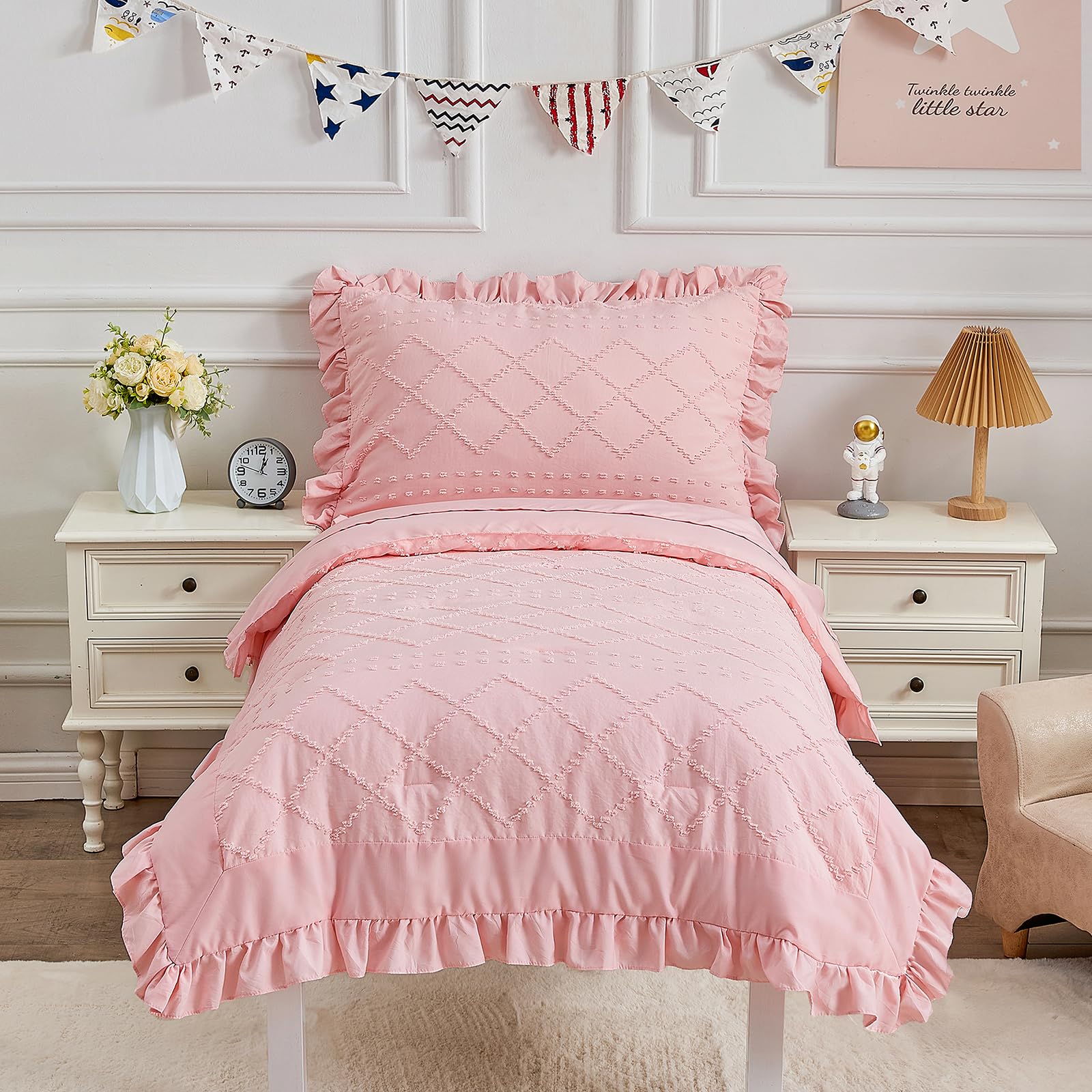 Boho Tufted Toddler Bedding Set with Ruffle Crib Sheets