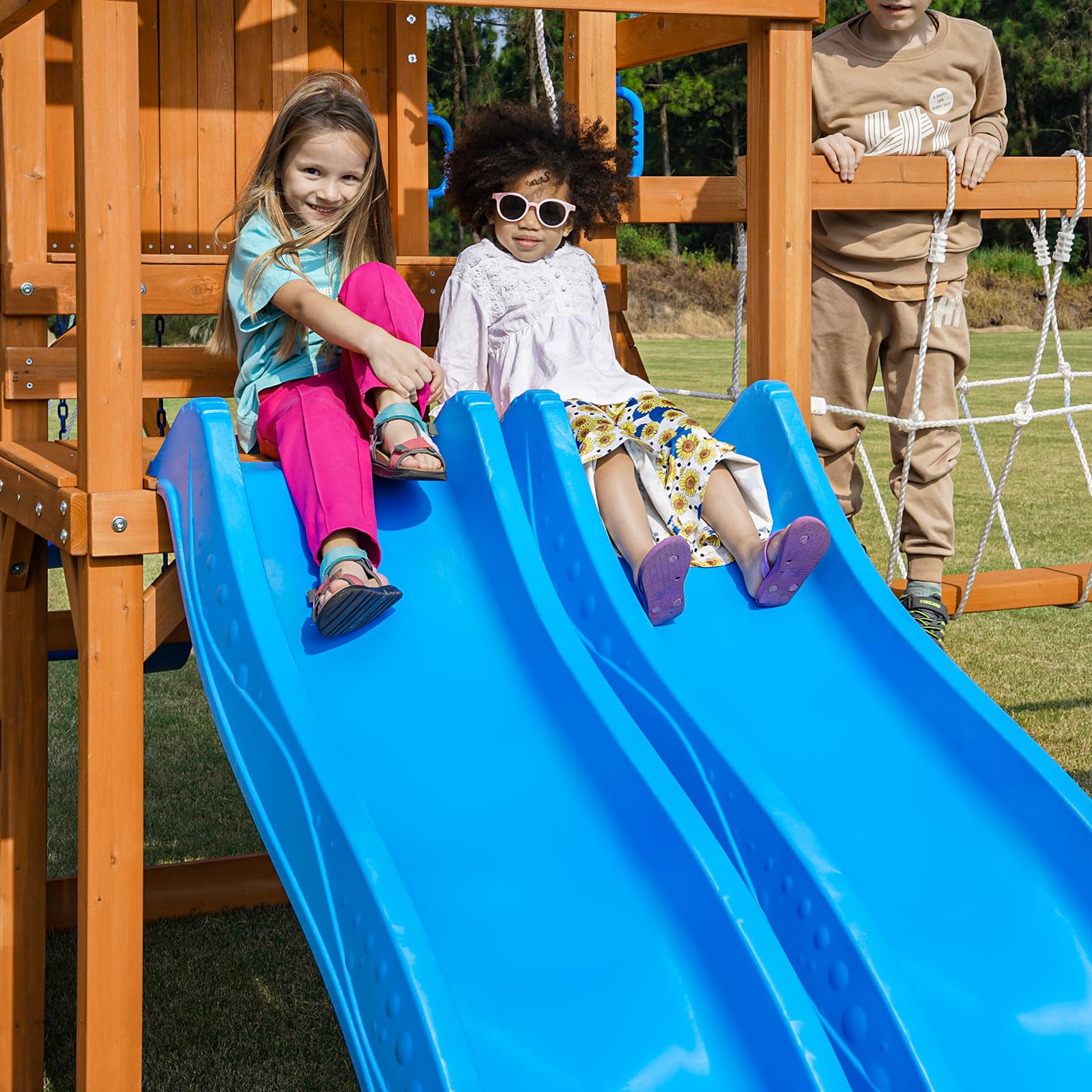 Wooden Swing Set with Monkey Bar Plank Bridge Climbing Wall
