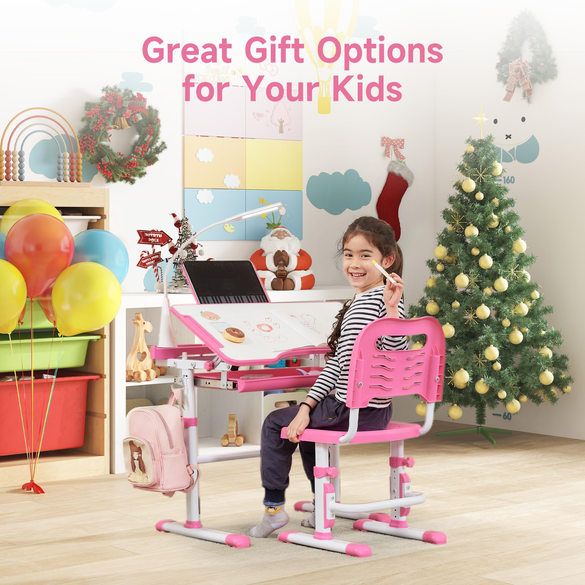 Height Adjustable Kids Desk and Chair Set with Tiltable Desktop