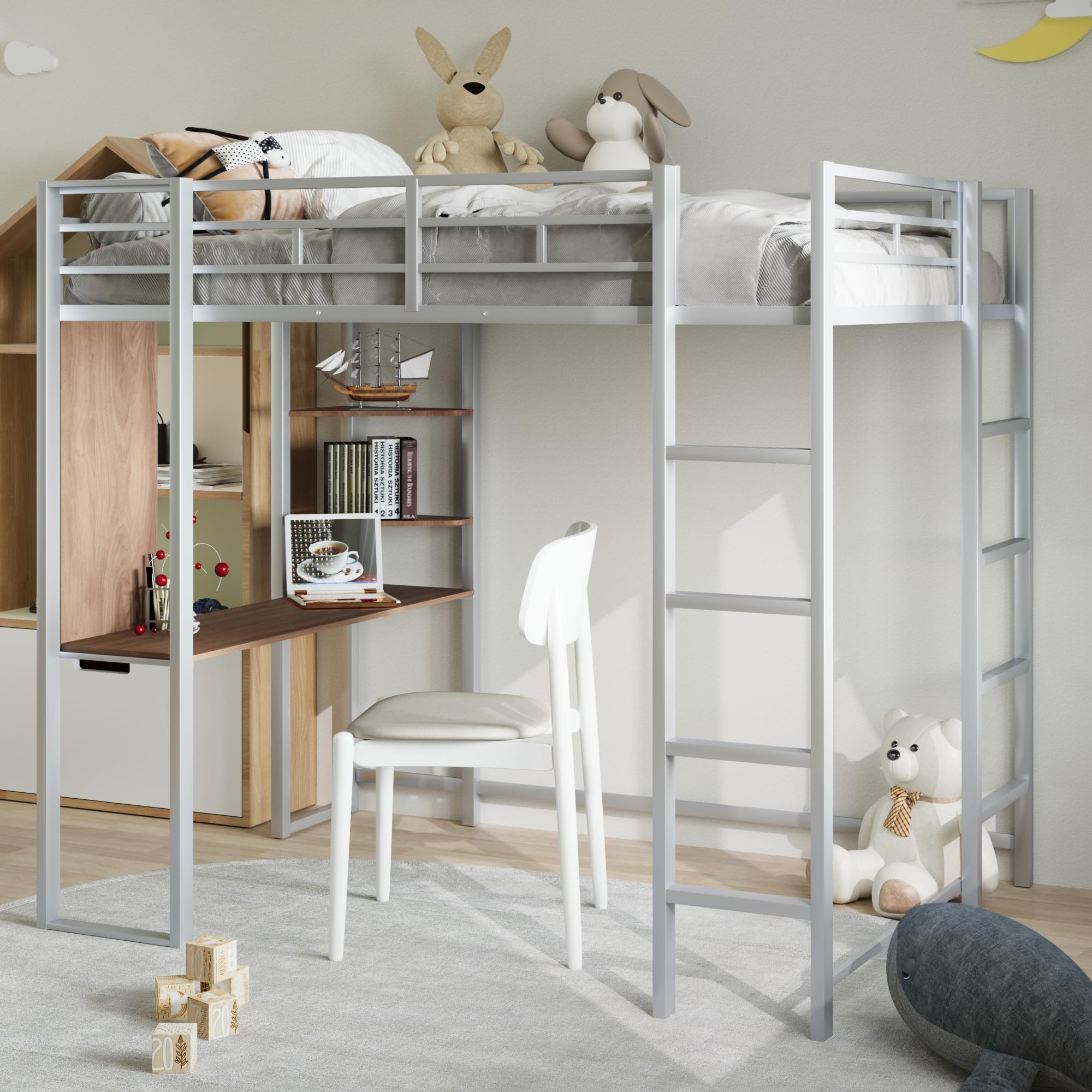 Metal Full Loft Bed with 2 Shelves and one Desk,Full Loft Bed,Easy Assembly