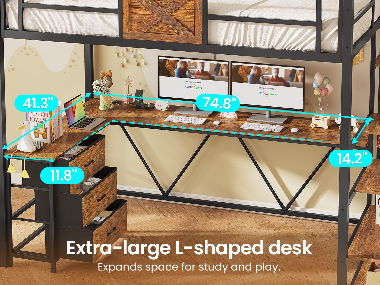 Twin Loft Bed with L-Shaped Desk and Storage Stairs