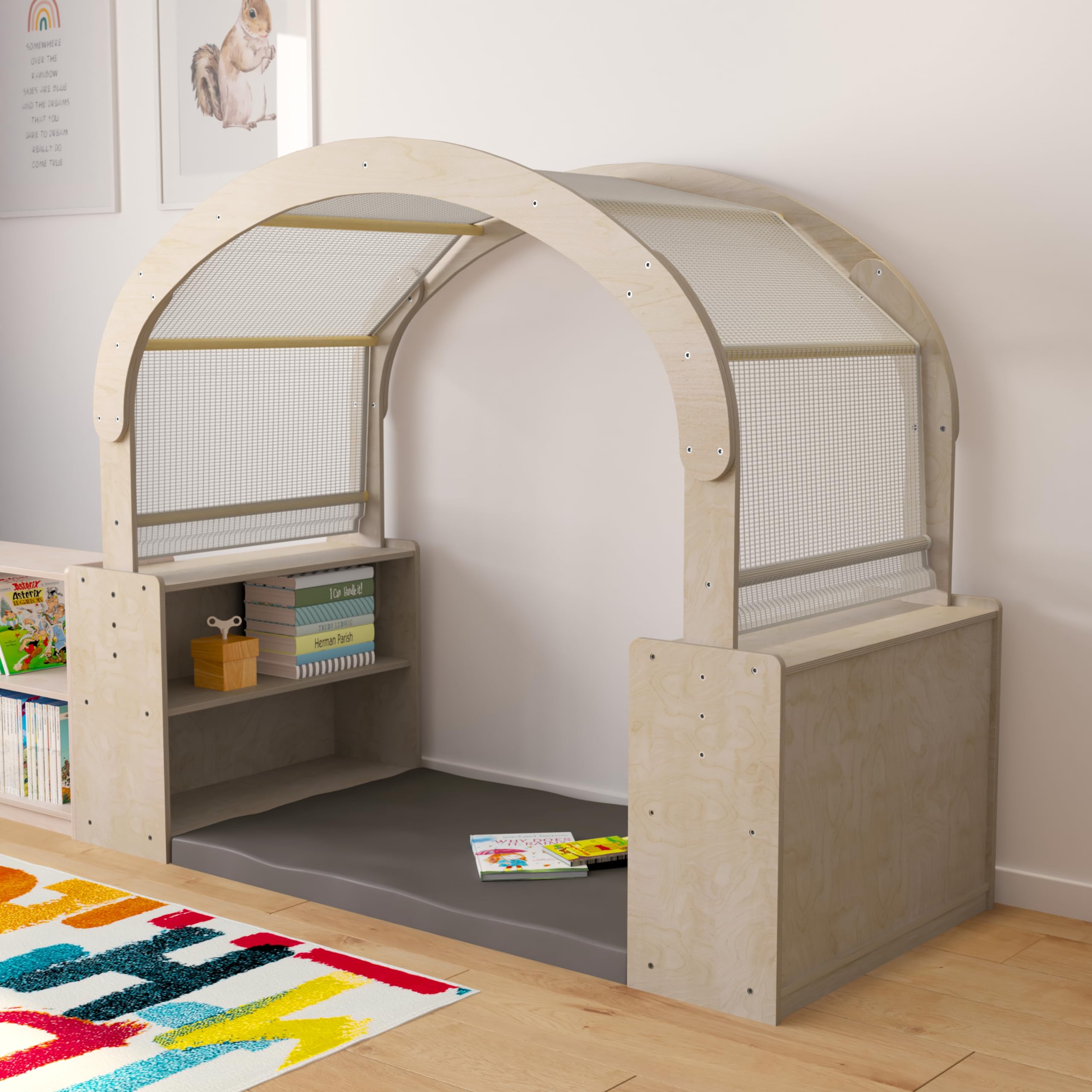 Wooden Reading Nook with Storage Shelves and Canopy