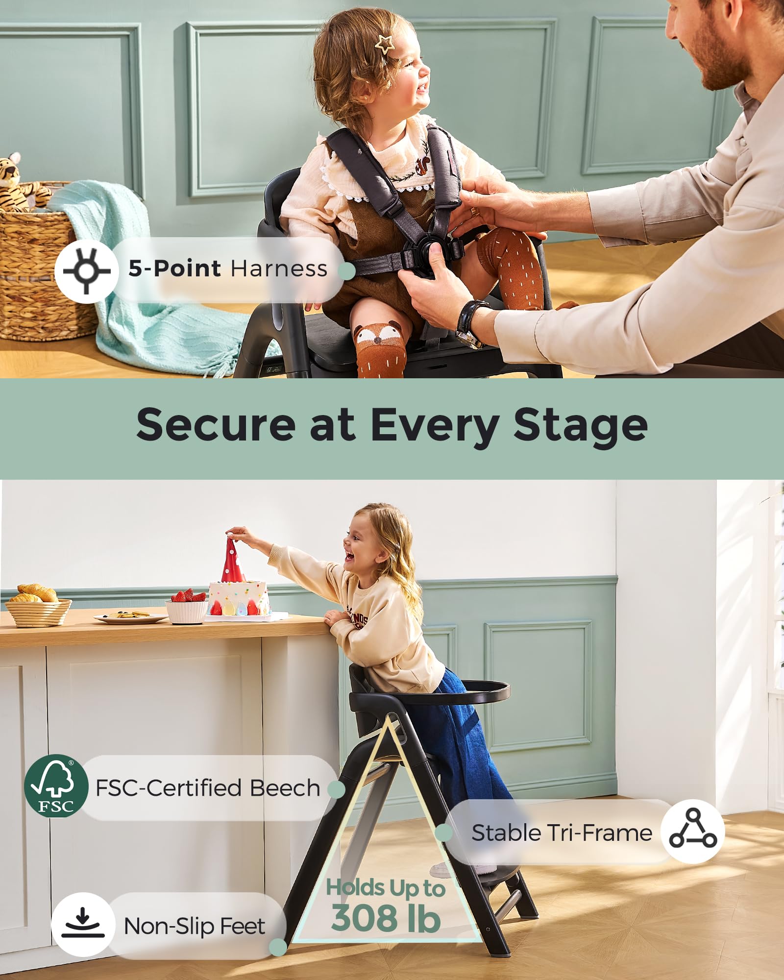 5-in-1 Convertible Wooden High Chair for Babies and Toddlers