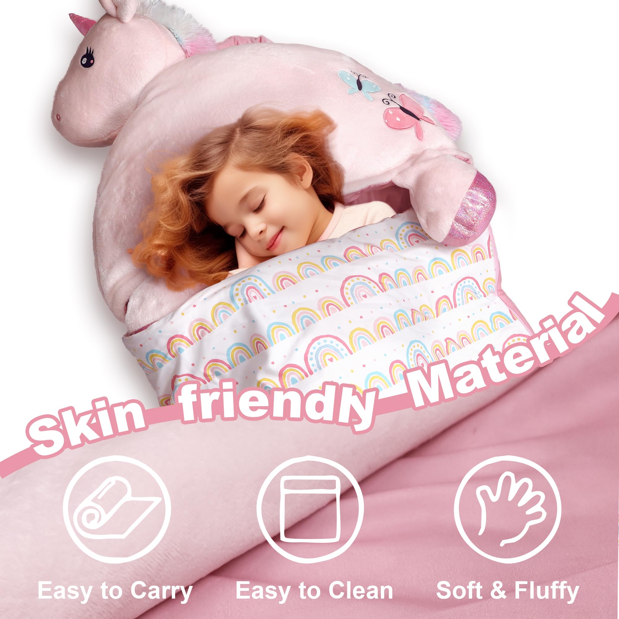 SHALALA NEW YORK Toddler Nap Mat with Pillow & Blanket for Girls, Sleeping Bag Nap Mat, Pink Horse Soft Plush Slumber Bag for Girls 64" x 26"