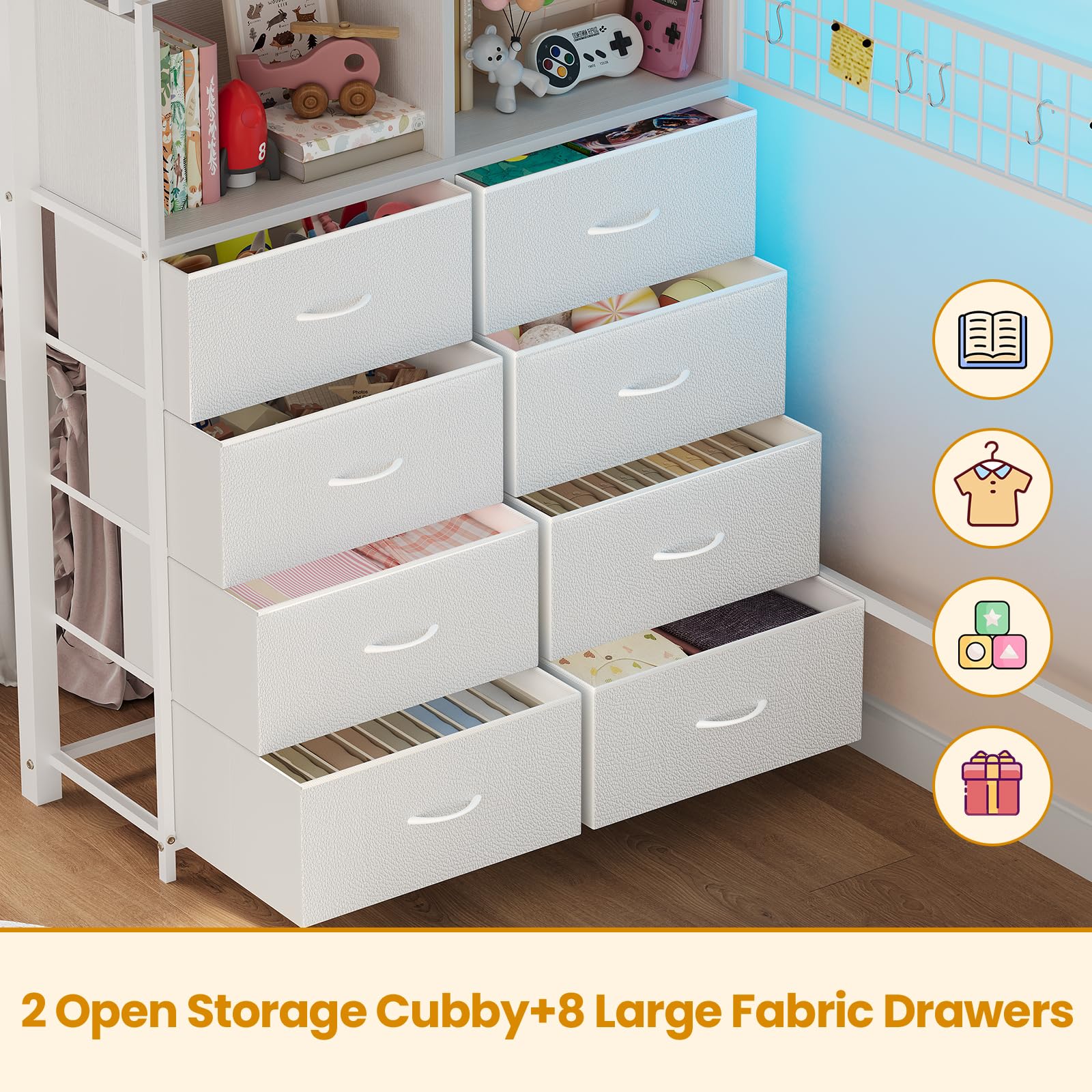 Twin Metal Loft Bed with Storage Stairs and LED Lights