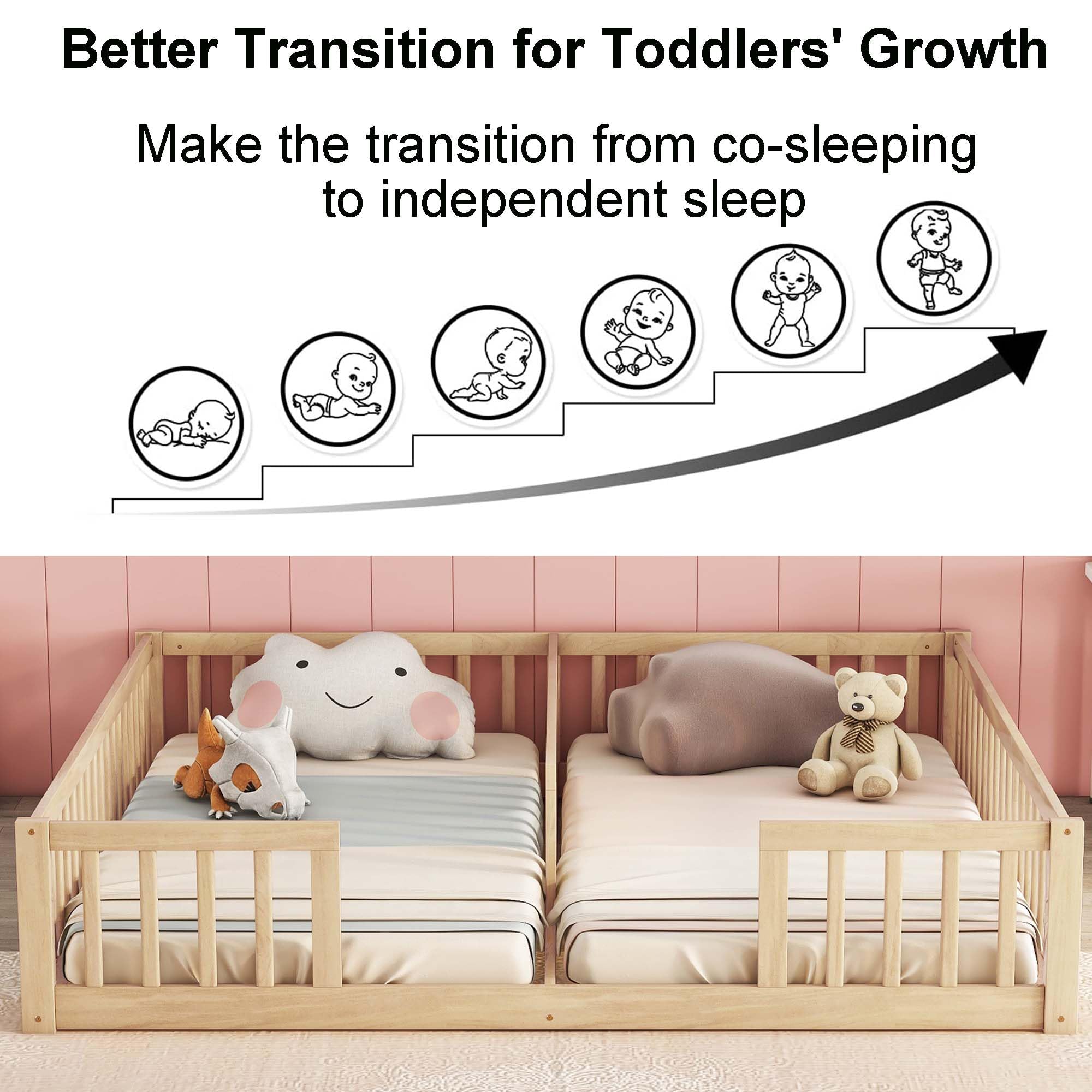 Montessori Floor Bed for 2 Kids with Fence Railings
