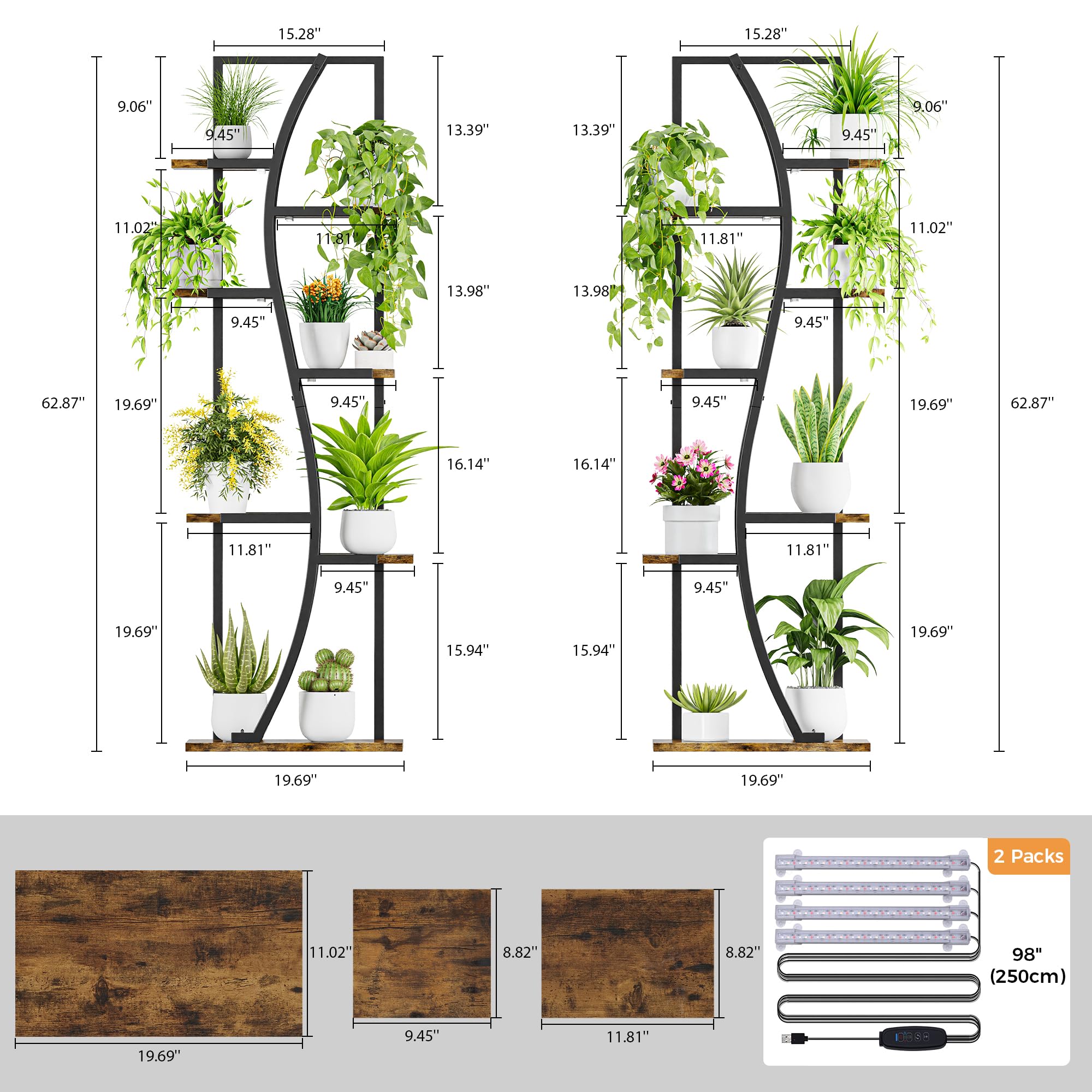 7-Tier Corner Plant Stand with Grow Light - 62" S-Shape Display Shelf Set of 2