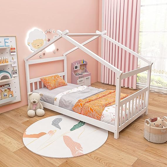 Full Size Floor Bed, Solid Wood Montessori House Bed with Roof